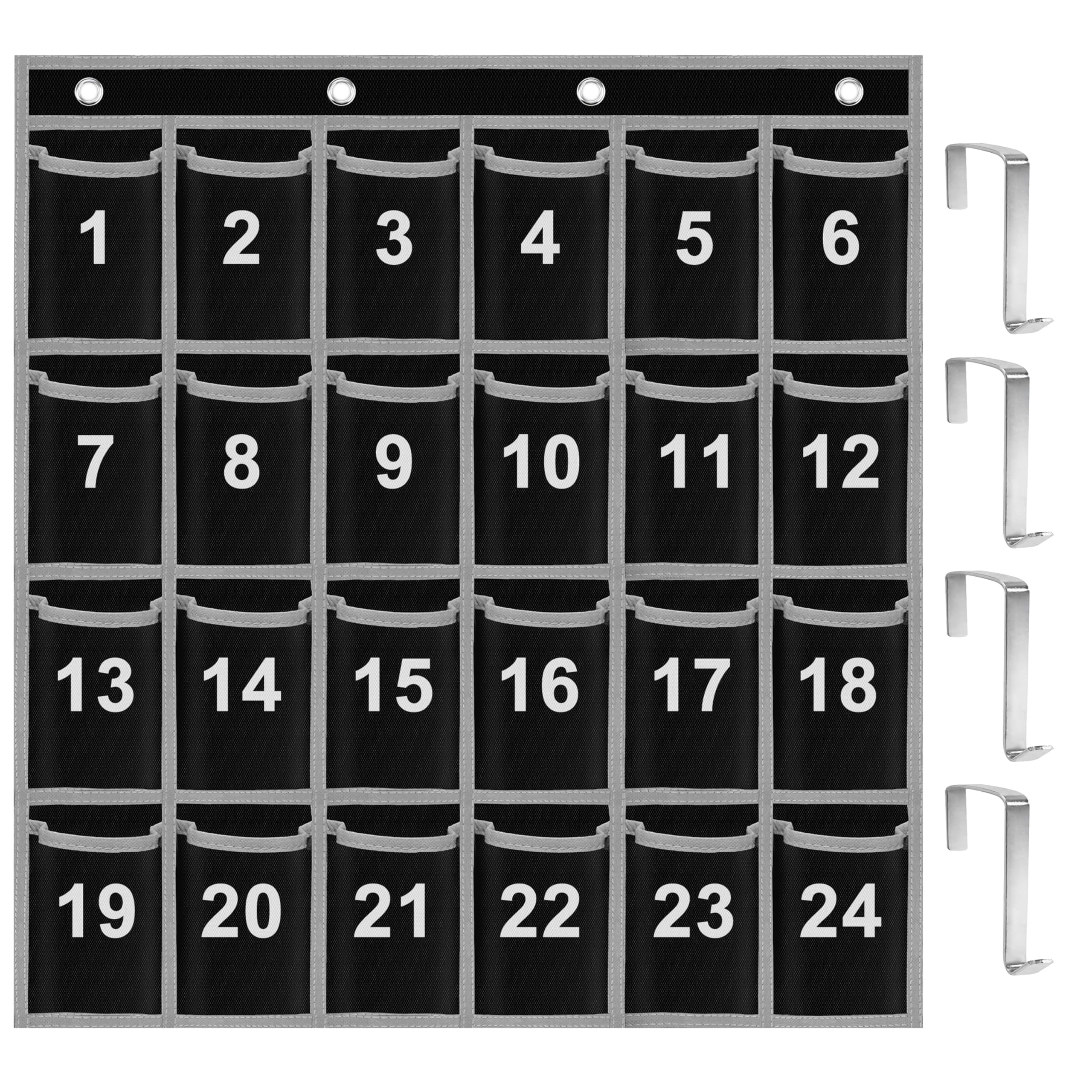 ZKOO Numbered Classroom Sundries Closet Pocket Chart, Cell Phones Calculator Holder, Wall Door Hanging Organizer With 4 Door Hooks (24 Pockets Black