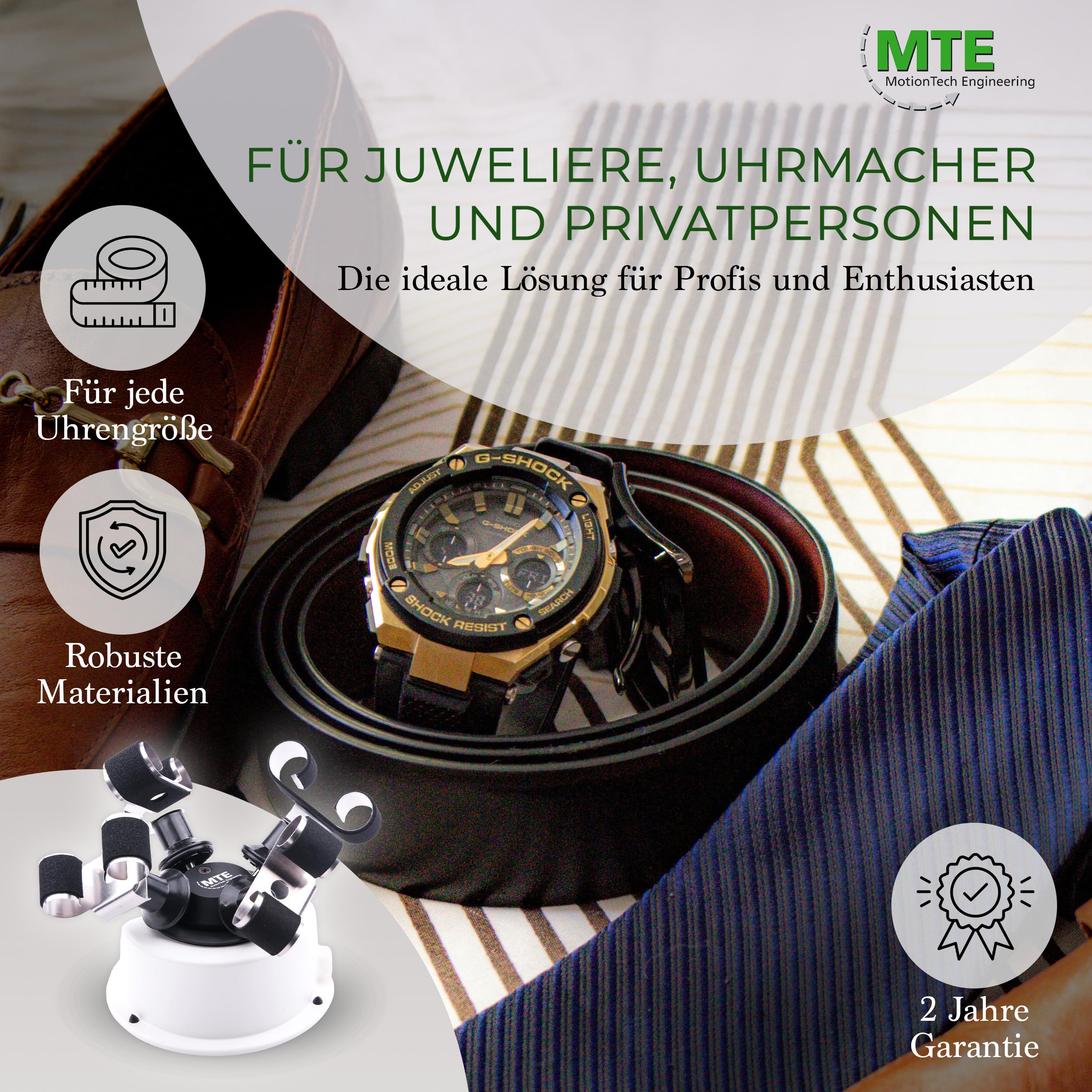 MTE Bewegungstechnik Uhrenbeweger (WTS 4 Weiß) bis zu 4 Uhren – Elektronisch gesteuerte Rotation und Pausen – Uhrenbeweger für Automatikuhren – leiser Watch Winder – Made in Germany