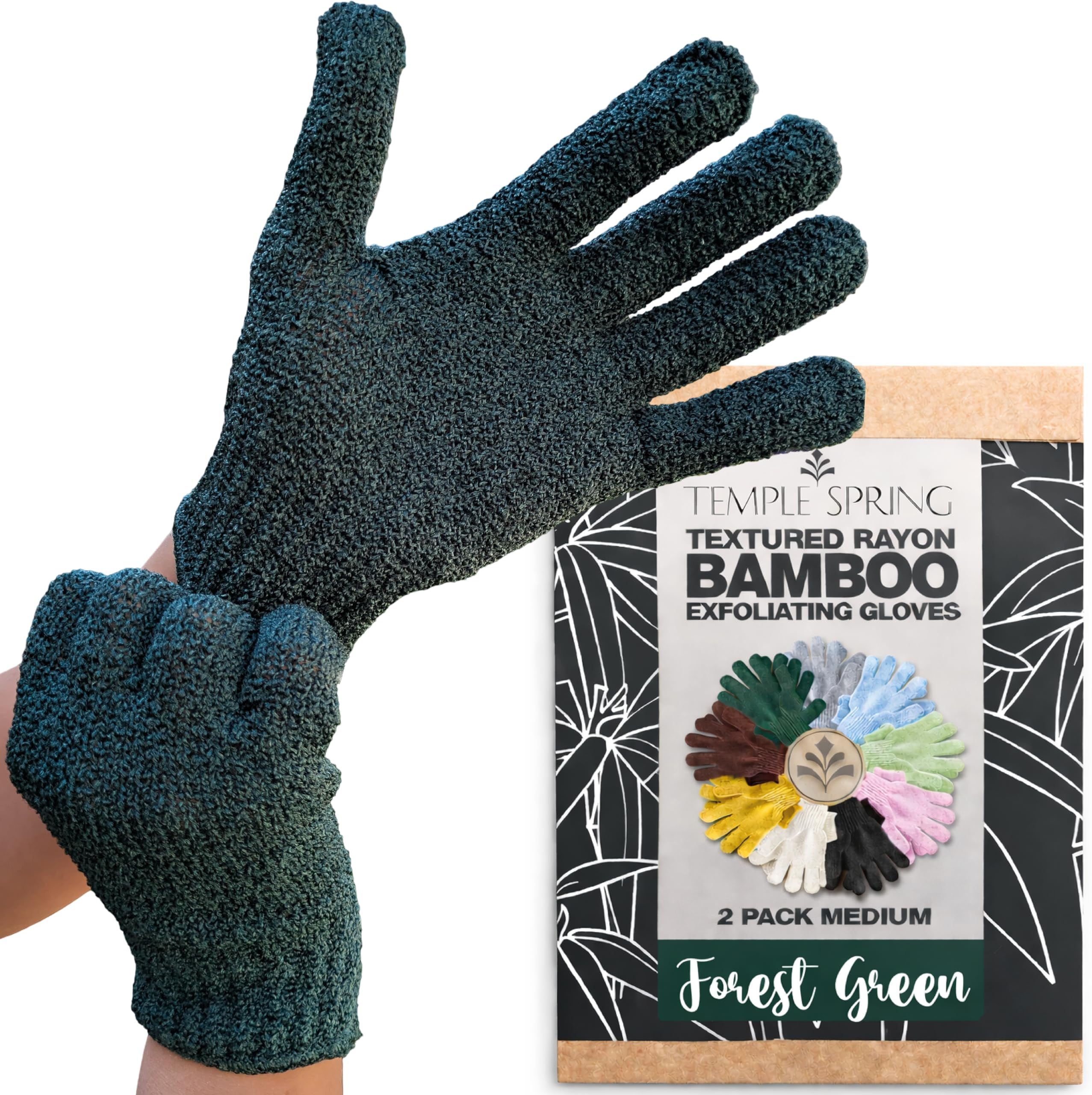 Shower Gloves Exfoliating for Women – Natural Textured Rayon Bamboo Exfoliating Glove with Thicker Weave for Deep Cleansing, Dead Skin Removal & Smooth Radiant Skin (1 Pair,Forest Green)
