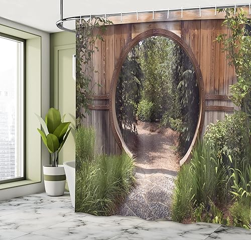 Miniatura 4 de Ambesonne Cortina de ducha japonesa, una puerta rústica circular y apertura de puerta de un parque nacional, imagen de paisaje natural de hábitat