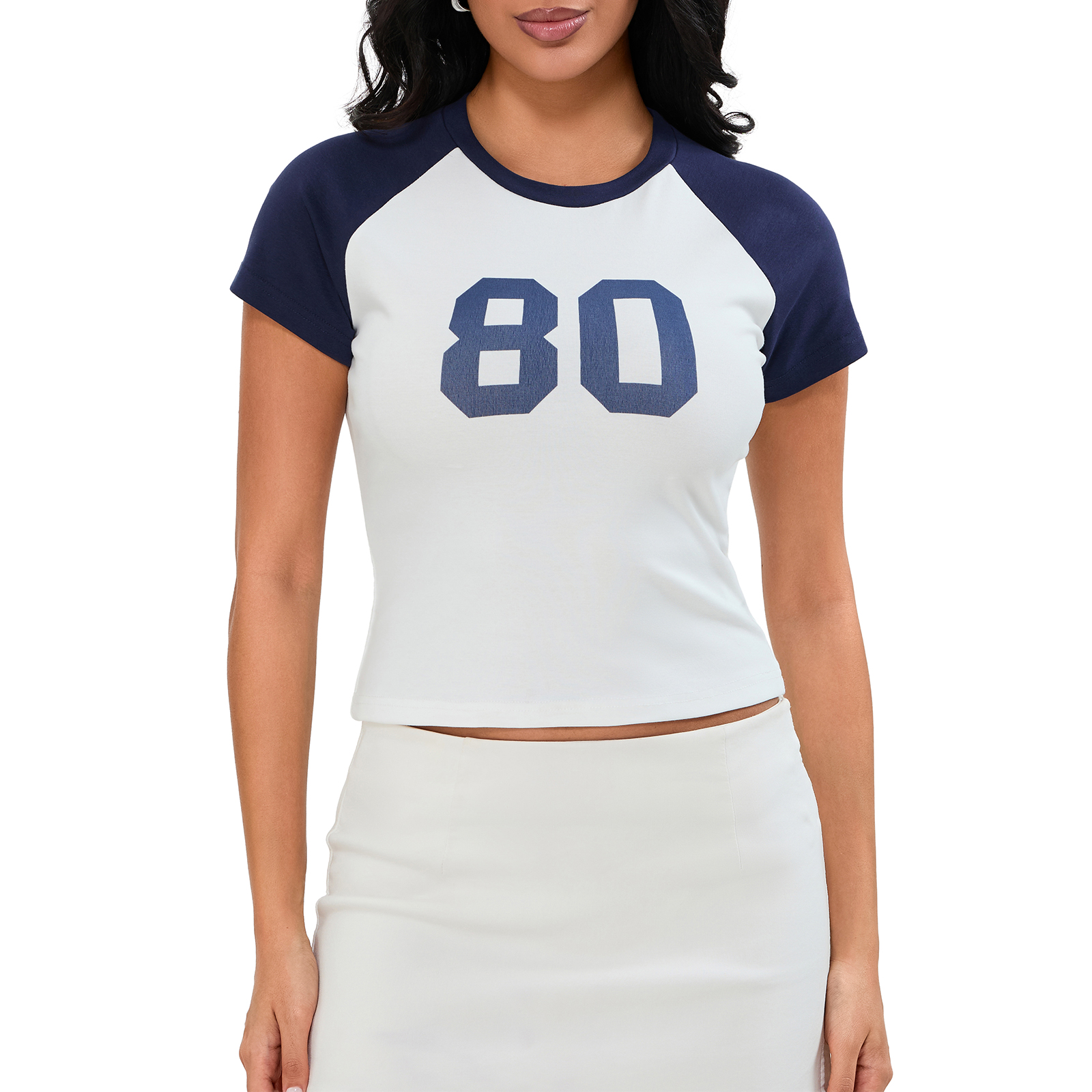 Women Number Baby Tees Short Sleeve Jersey Crop Top Slim Fit