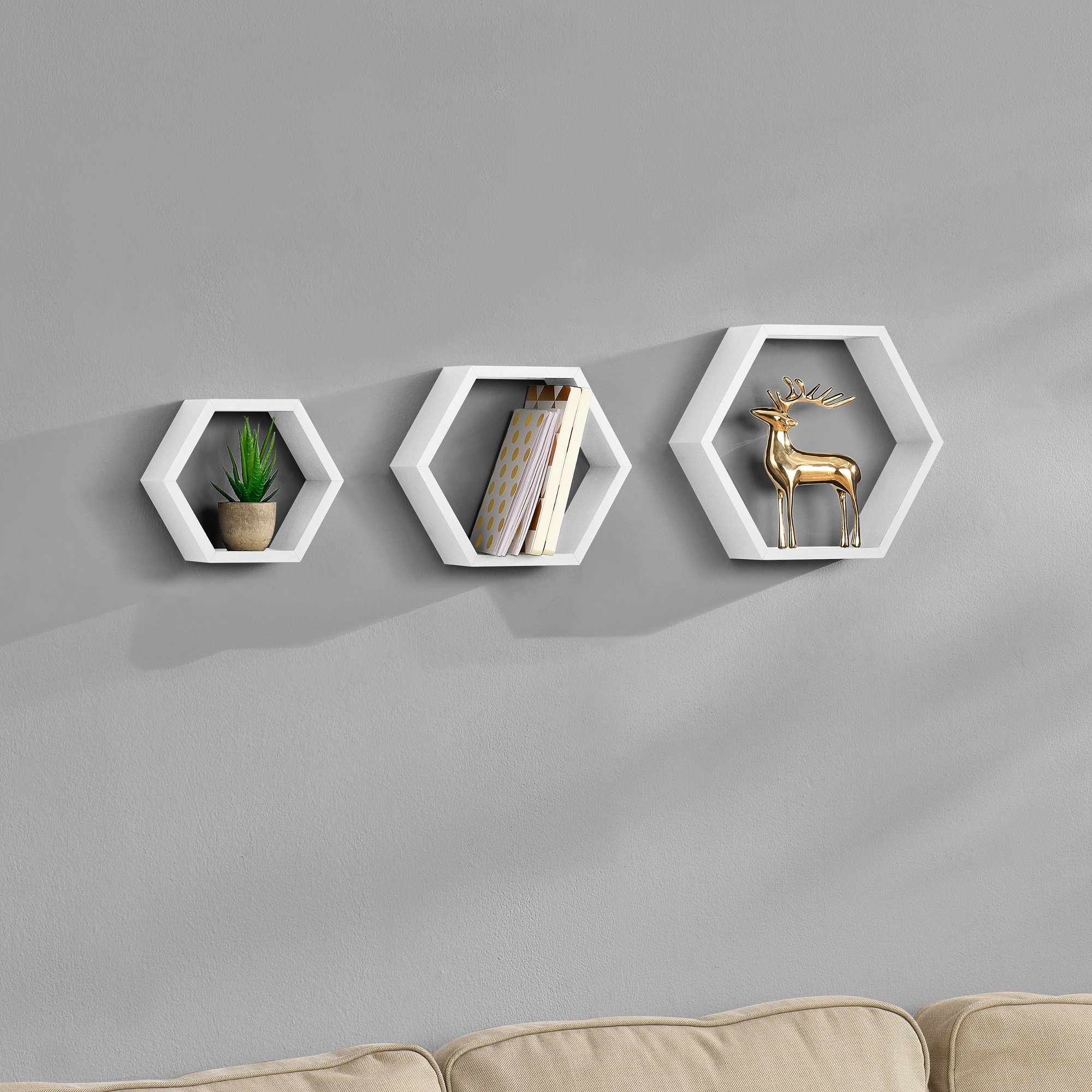 [en.casa] Set 3 Mensole Esagonali da Parete in MDF Laccato Opaco Scaffali Decorativi da Muro Portata 15 kg Design a Nido d’Ape - Bianco
