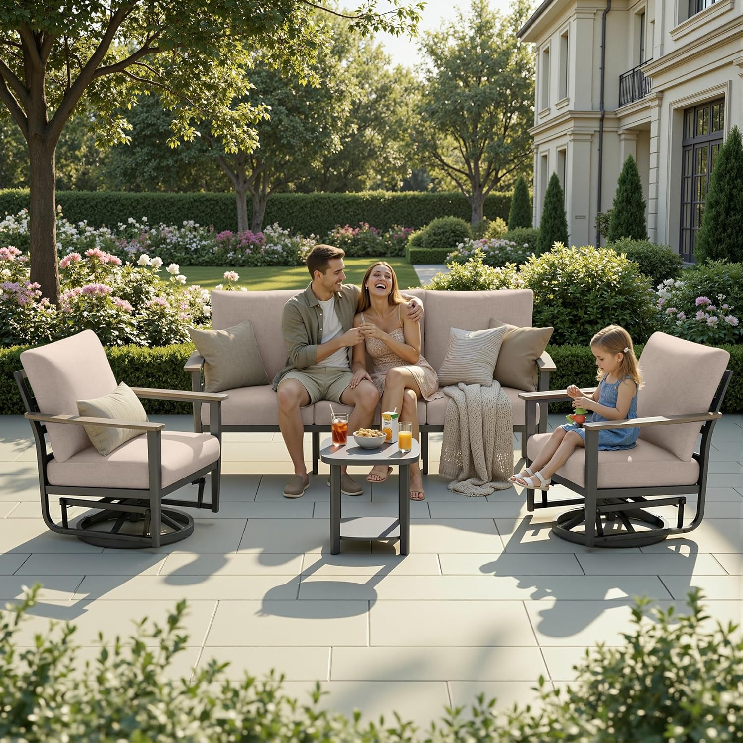 Aluminum Outdoor Patio Furniture Set 5-Seat, Patio Conversation Set Sectional Furniture Set with Swivel Rocking Chairs High Backrest & Thickened Cushions for Garden, Backyard, Poolside, Sand