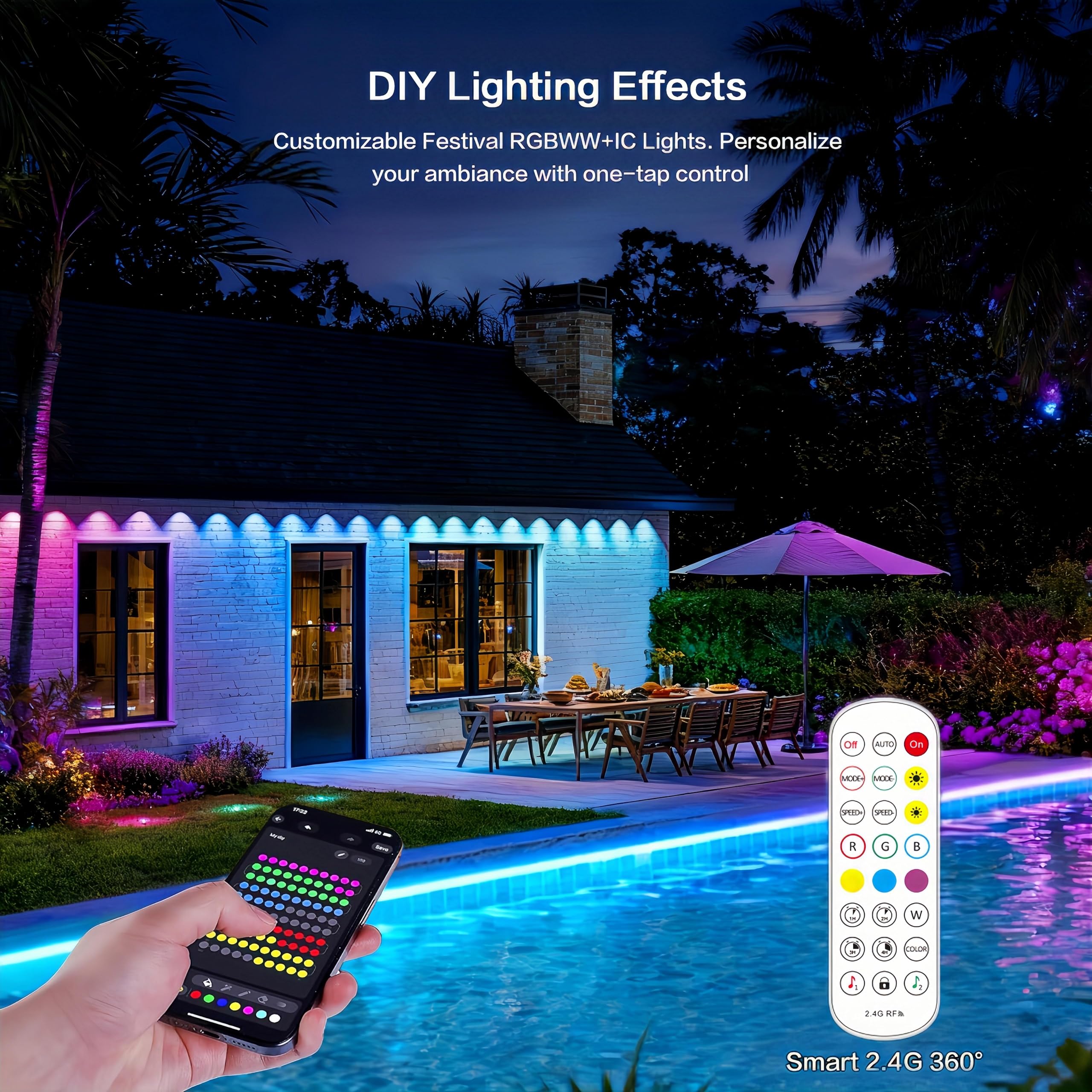 Permanente Außenleuchten 30,5 m, RGBW+IC Smart LED mit 60 LED-Lichtern, IP68 wasserdicht, App & Fernbedienung für Weihnachten, Urlaub, Dach und Pool Party Dekor