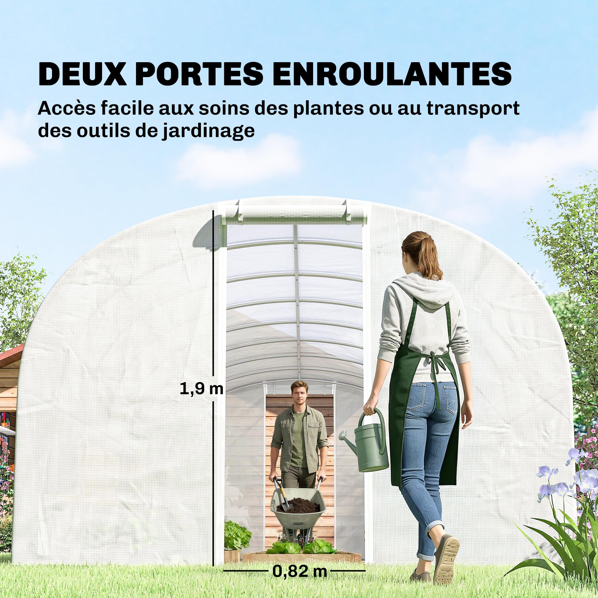Outsunny Serre Tunnel de Jardin 24m², Serre de Jardin Tunnel 295x798x198cm avec Cadre en Acier galvanisé, Portes et 2 Grandes fenêtres, bâche PE Haute densité 140 g/m² prolongée de 20 cm, Blanc