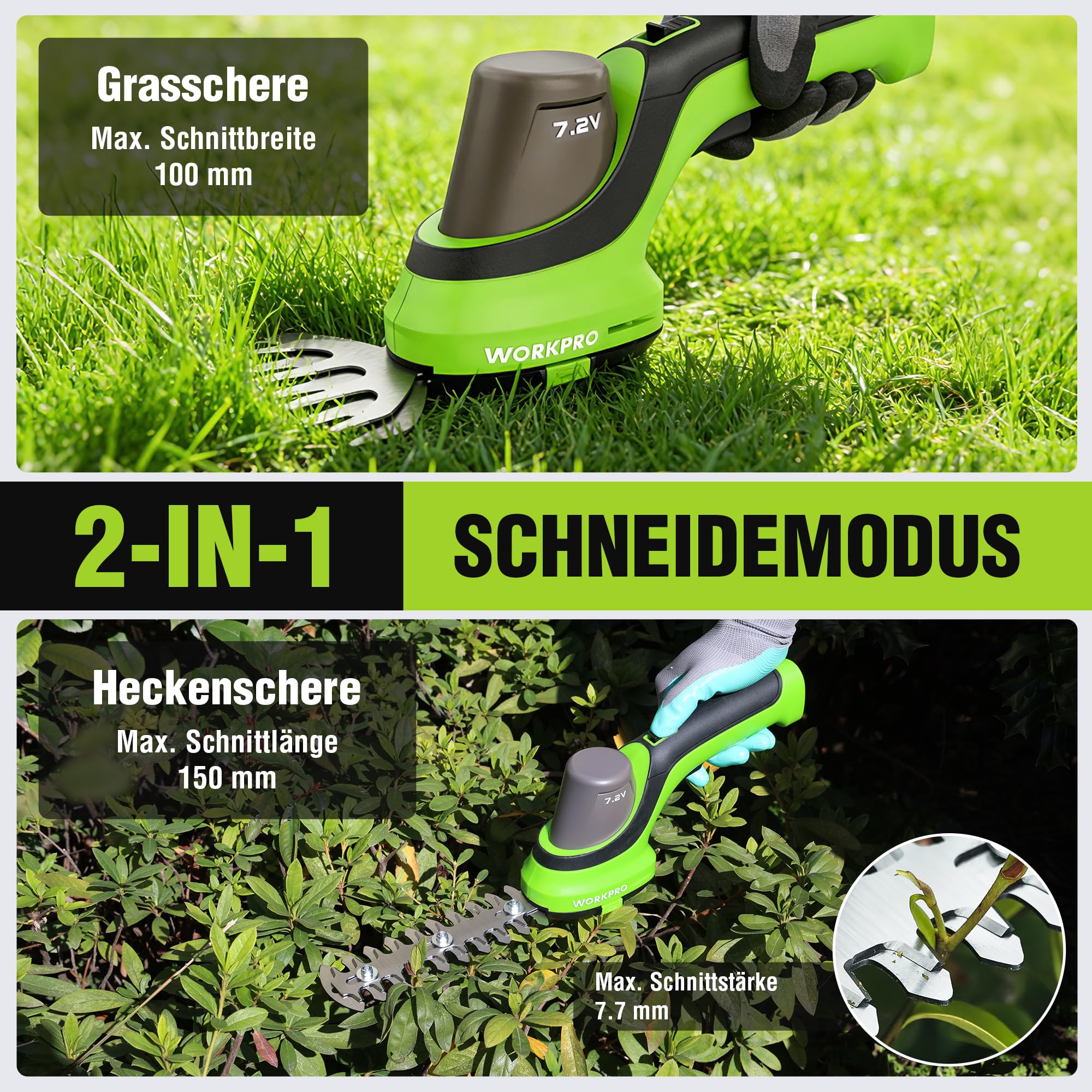 WORKPRO Gartenschere Akku 7,2V, 2 in 1 Gras- & Strauchschere mit 2 Messern | Schnittbreite 100 mm, Schnittlänge 150 mm, 2000mAh Akku & Ladekabel, Heckenschere für Rasenkanten, Strauchschnitt