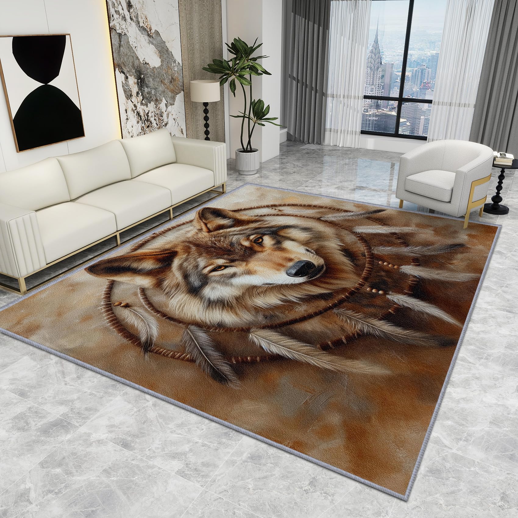 Wolf Rugs for Bedroom - Wolf Rug - Wild Animal Feather Rugs, Wild Animal Feather Carpet, Washable Rug Non Slip Low Pile Soft Large Area Rugs, Wolf Home Decor Gifts, 100 X 150 cm