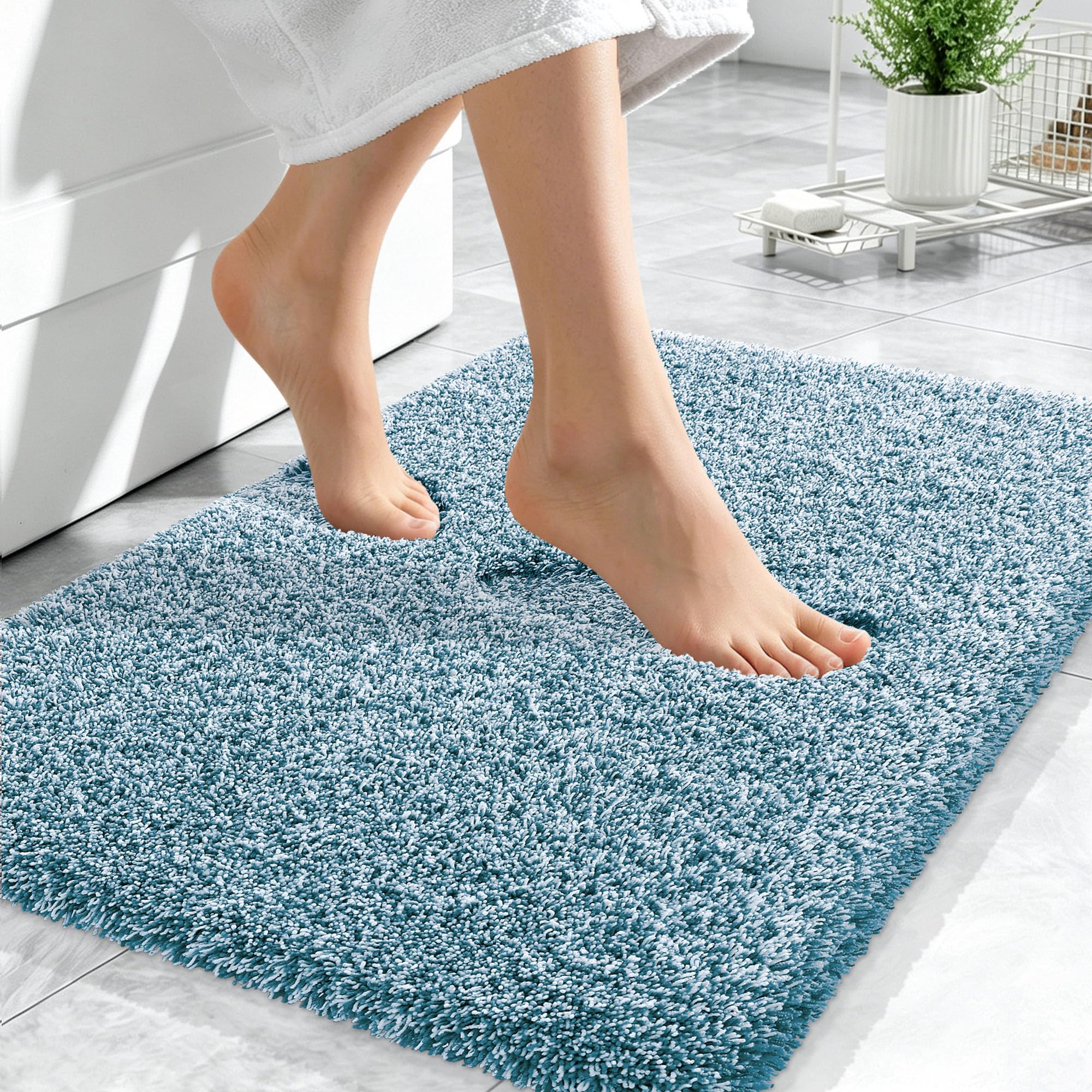 OLANLY Microfiber Soft Bathroom Rugs Mats 24x16, Peacock Blue and White