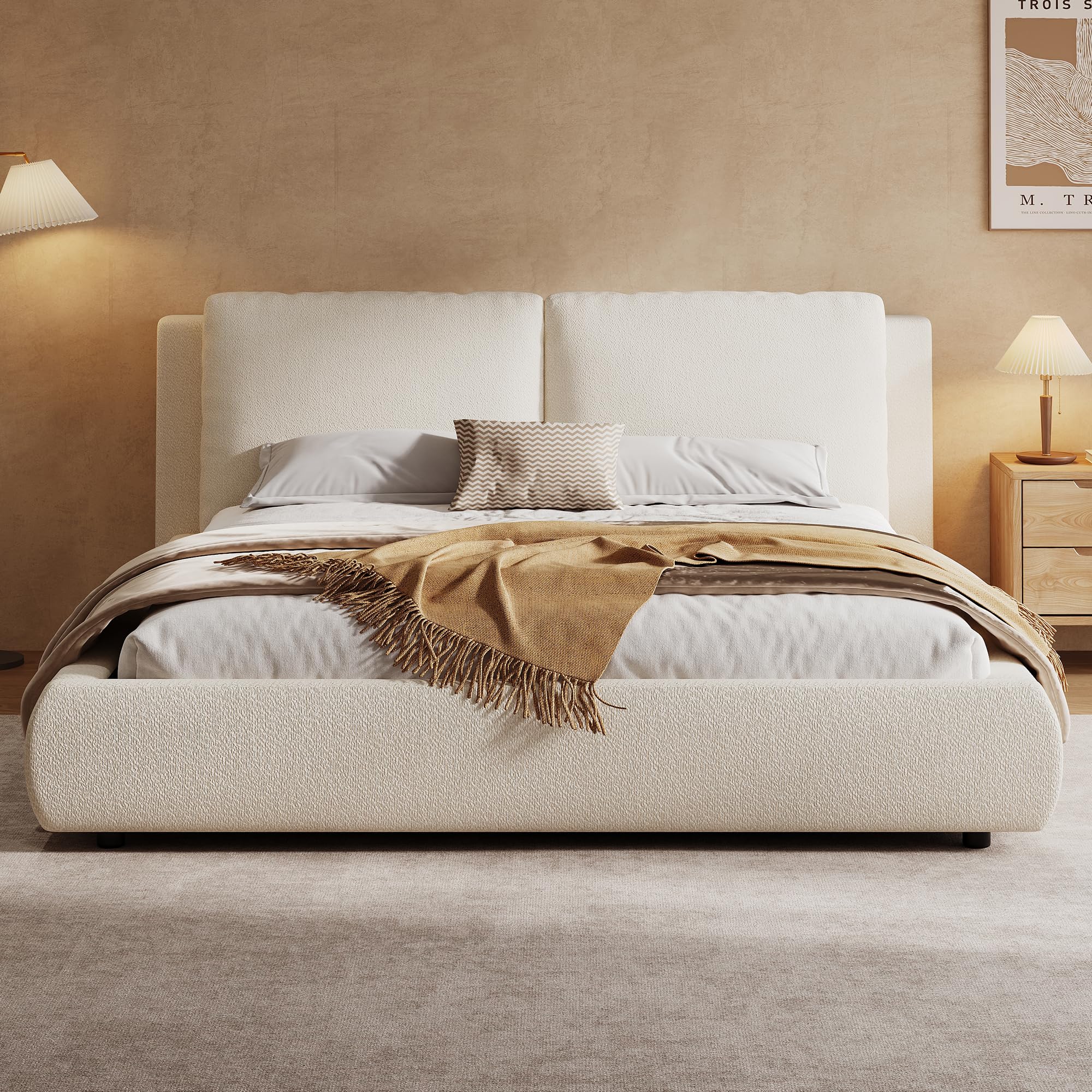 Cama tapizada, 160 x 200 cm, cama funcional hidráulica, somier, cabecero acolchado, gran espacio de almacenamiento, beige