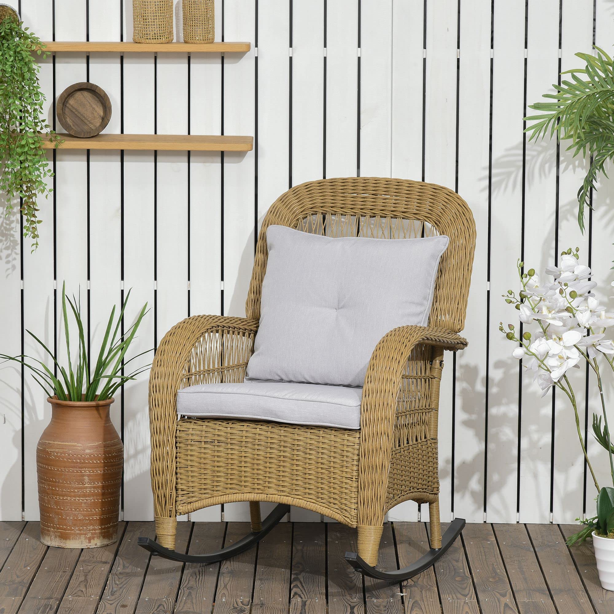 Outsunny Rattan Schaukelstuhl, Schaukelsessel mit Kissen, Gartenstuhl mit Waschbaren Polsterbezüge, Loungemöbel für Hinterhof, Garten, Terrassen, Gelb, 69 x 92 x 100 cm