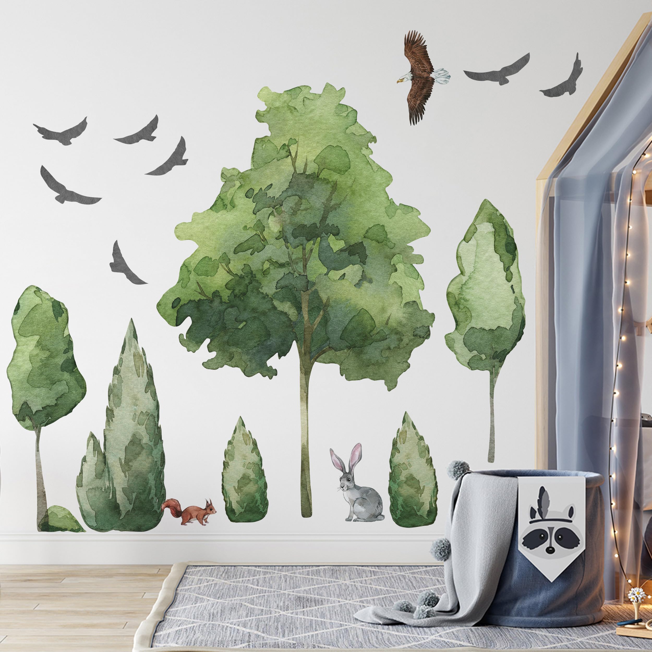 Große Bäume Wandtattoo Wald Wandaufkleber Tiere XXL Wandtattoo Laubbäume Aufkleber fürs Kinderzimmer