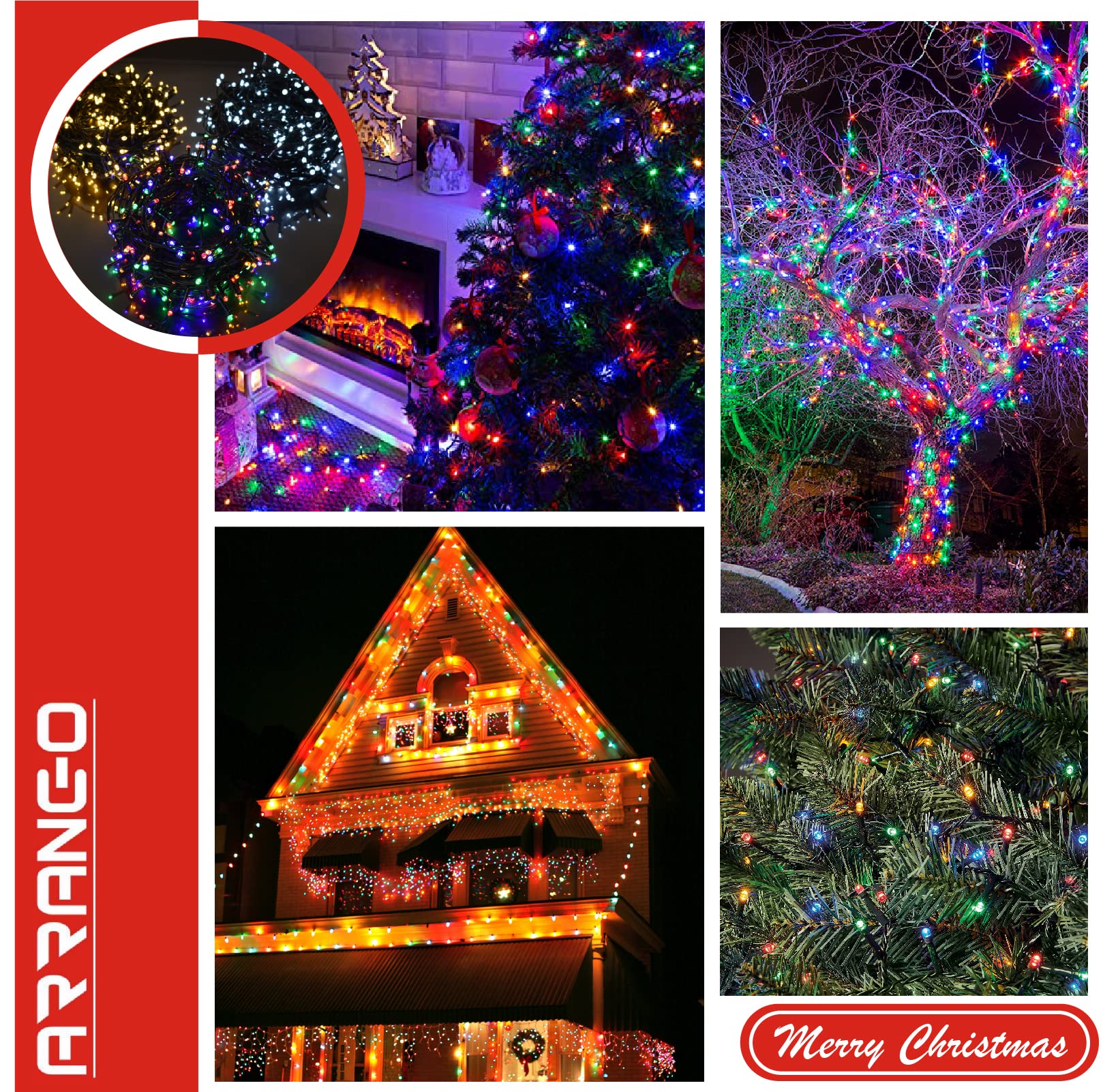 ARRANCIO Luci Albero Di Natale Multicolore, Luci Natalizie a 200 LED 10 Metri, Cavo Verde, 8 Modalità, Luci Albero Di Natale da Interno Ed Esterno, Impermeabile IP44 (Cavo Verde, 200 LED, Luce RGB)