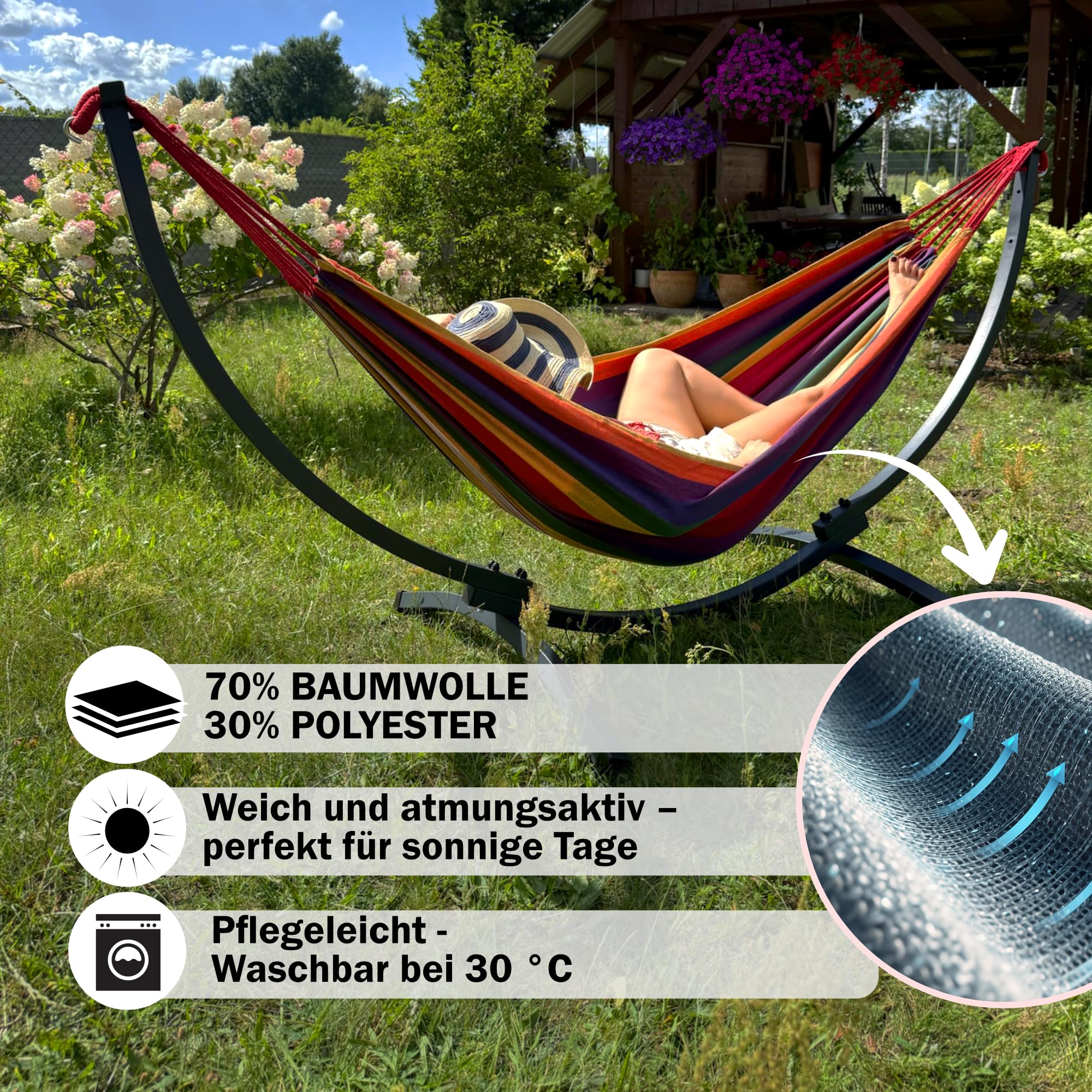 Potenza Hängematte mit Gestell I Stabiler Rahmen 200kg - 250cm Balkon I Hängematte 200x120cm I Indoor Outdoor Garten Pool Terrasse Stahl (Basic Gestell Graphit, Rot)
