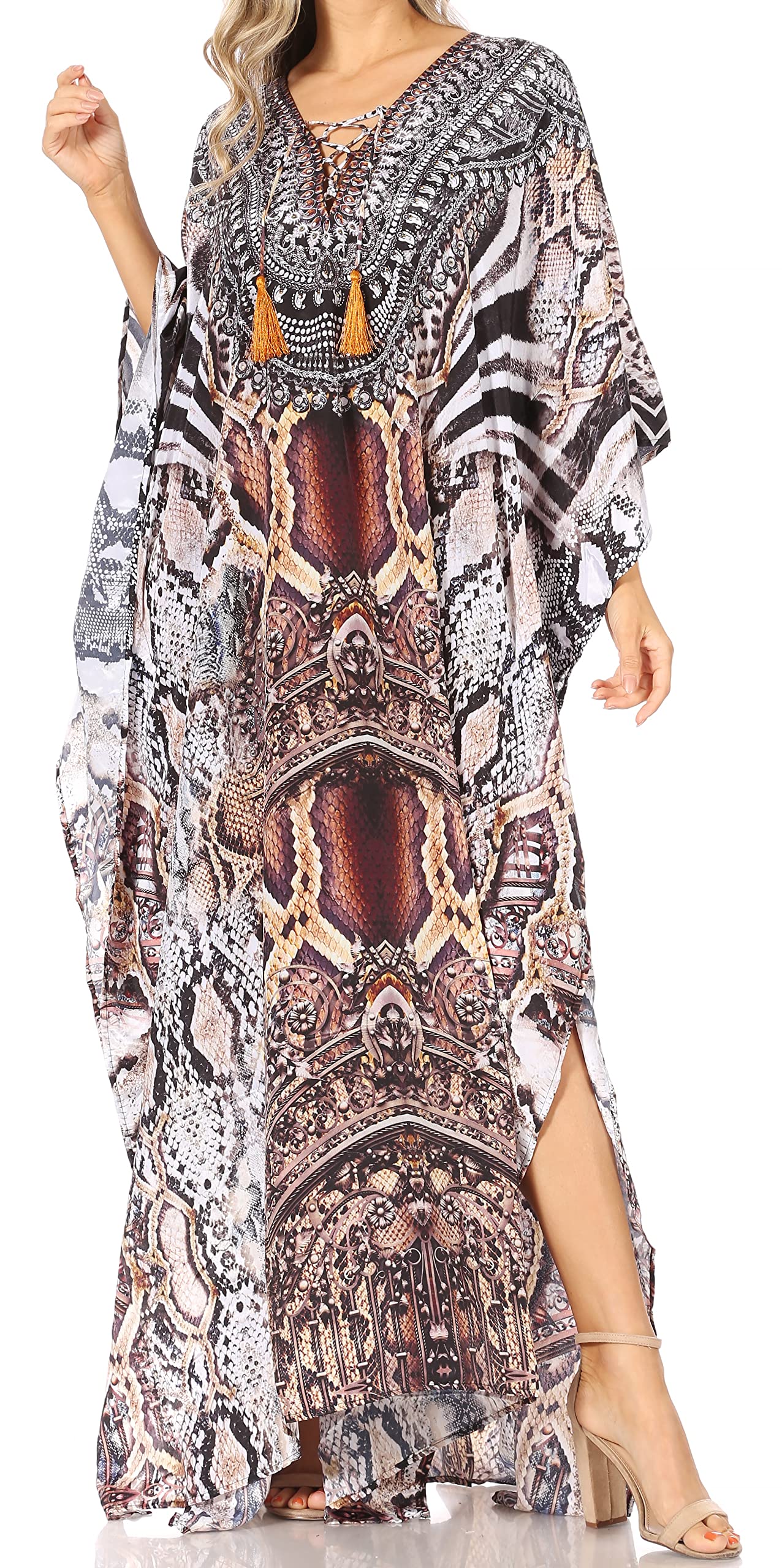 Sakkas Yeni Women's Short Sleeve V-Neck Summer Floral Long Caftan Dress Cover-up