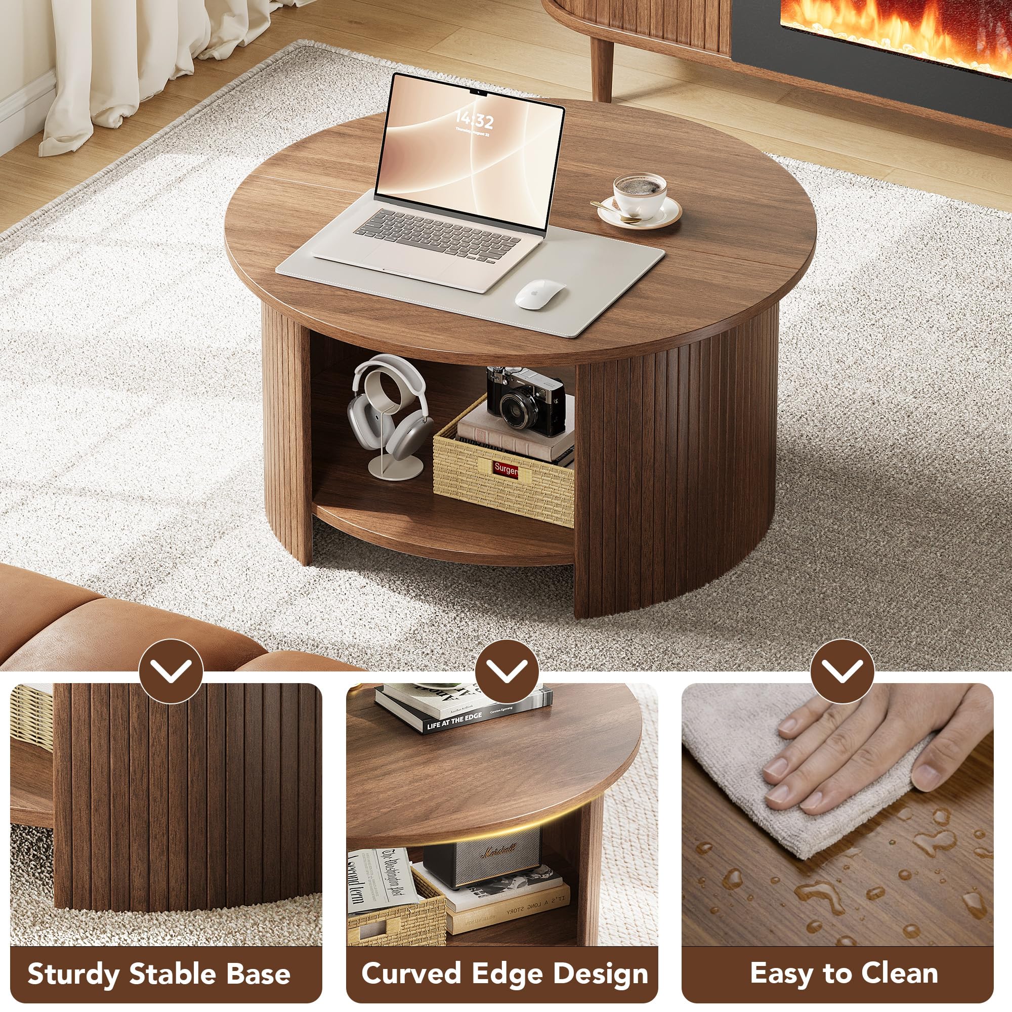 Best Amazon Round Coffee Table Picks for 2026 1 OneBlis Round Coffee Table with Storage, 31.5' Modern Fluted Center Table, 2-Tie — product photo