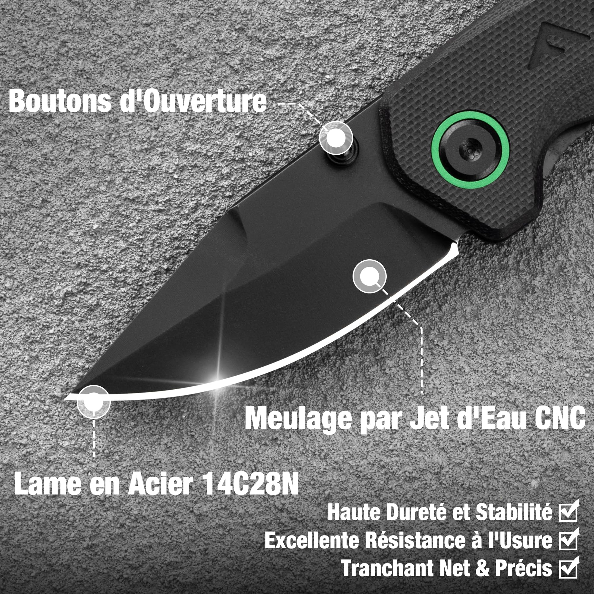 FLISSA Mini Couteau Pliant en Acier 14C28N avec Mousqueton Intégré (Usage hors Escalade), Couteau de Poche EDC (137 mm), Manche G10 Antidérapant, Idéal pour Camping, Randonnée et Quotidien
