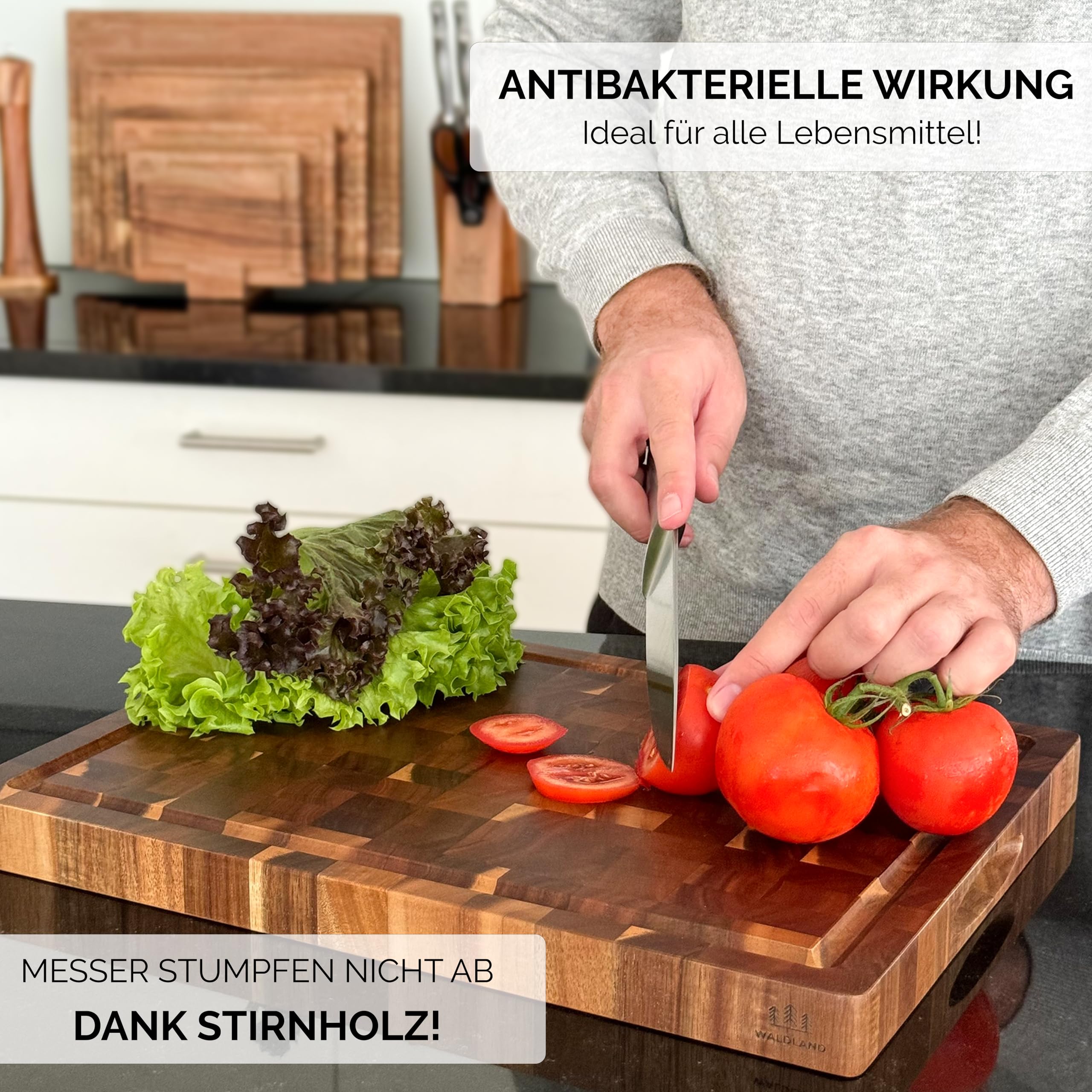 WALDLAND Premium Schneidebrett Holz Groß 40 x 30 x 3 cm I aus robustem Akazienholz I Holzbrett Küche I dickes Schneidebrett mit Saftrille I Stirnholz I Hirnholz (Packung mit 2)