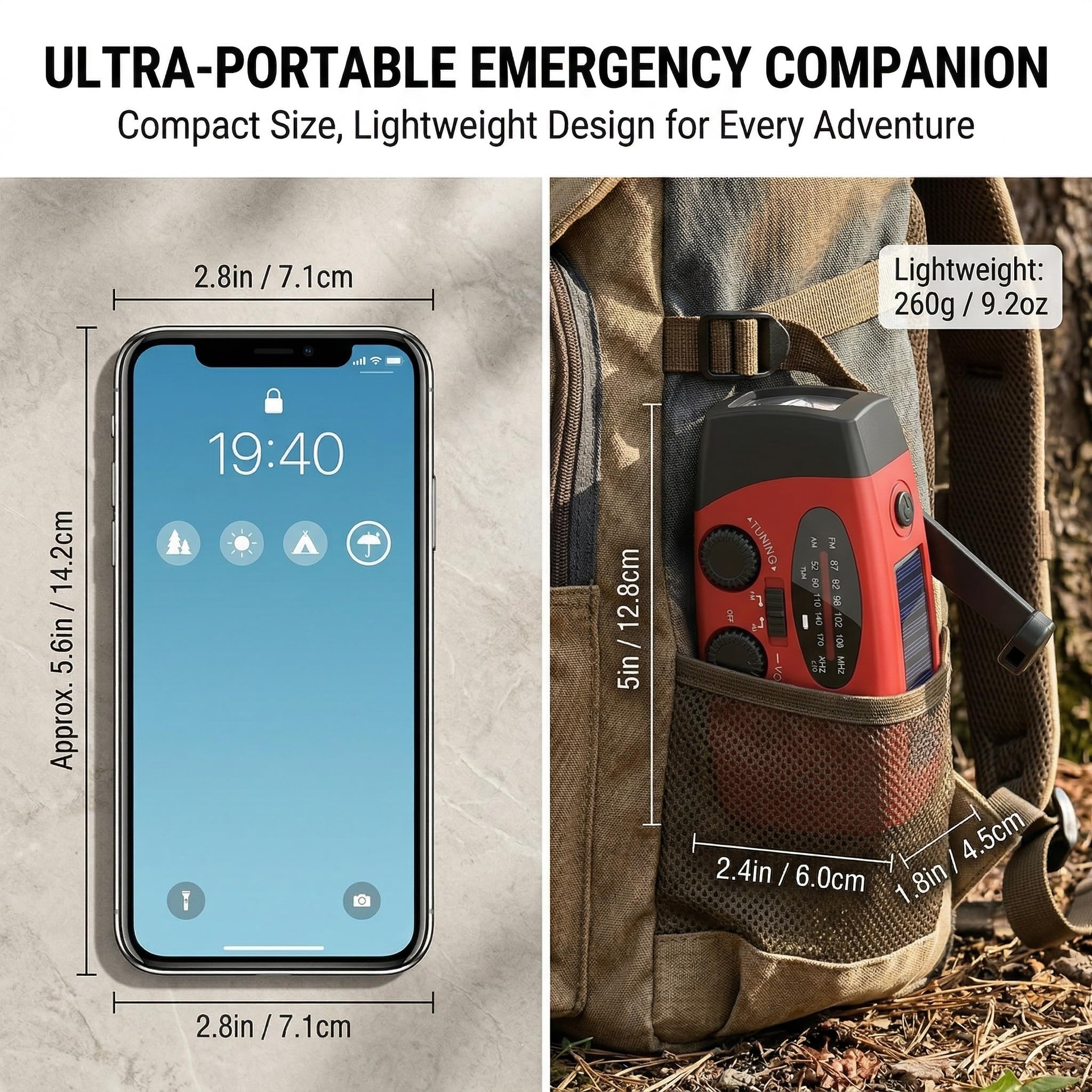 Radio di Emergenza con Manovella e Solare, Powerbank 2000mAh per Cellulare, Torcia LED con Allarme SOS, Radio AM/FM Portatile per Blackout, Tempesta, Campeggio, Escursionismo, Auto e Famiglia