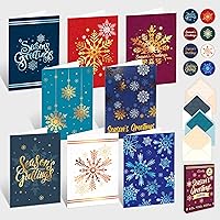Decorably 16-Pack Foiled Snowflake Holiday Cards 5x7 with Envelopes, Stickers & Printed Messages - 8 Elegant Designs