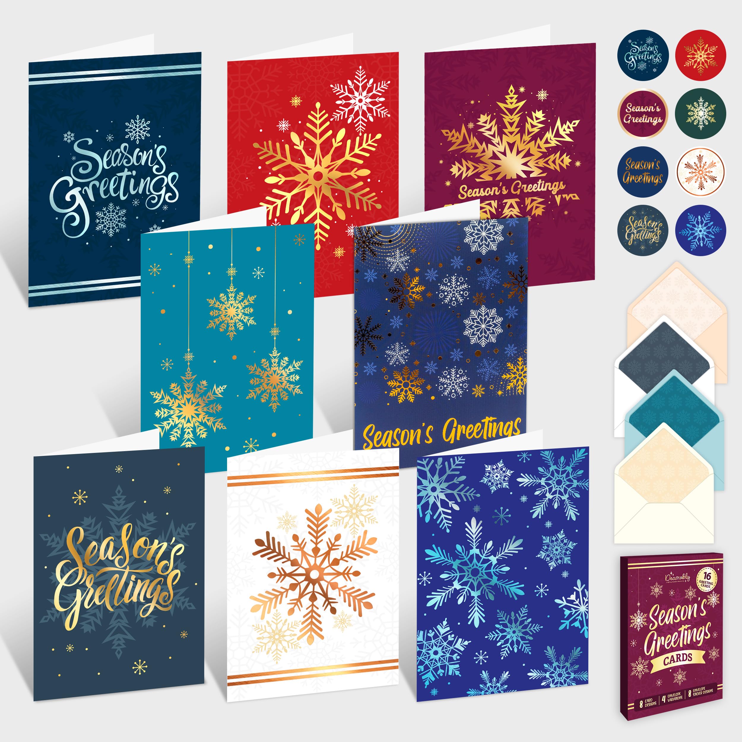 Decorably 16 Pack Foiled 5x7in Snowflakes Happy Holidays Cards with Envelopes and Stickers, 8 Adorable Designs Happy Holiday Cards with Envelopes with