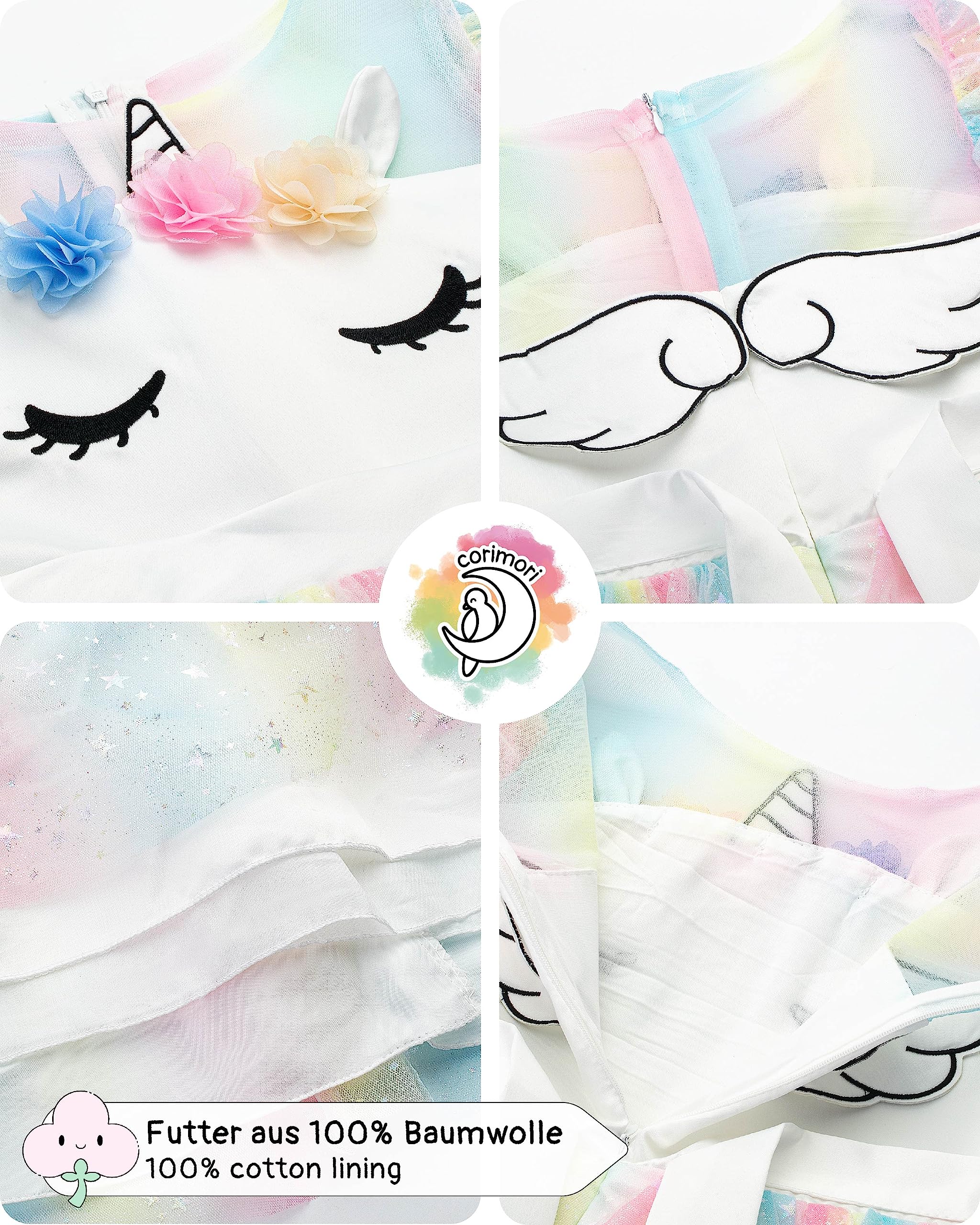 corimori Bequemes Einhorn Kleid für Mädchen mit Flügeln, Haarreif, Glitzer Zauberstab und Tattoos | Einhorn Kostüm Kinder