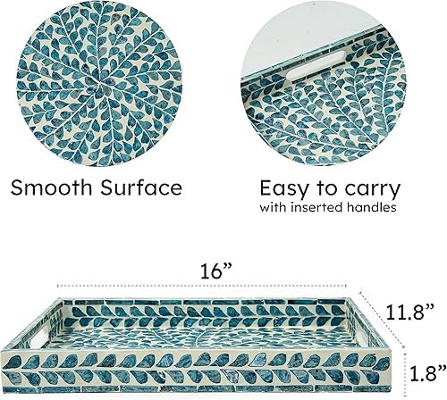 Miniatura 2 de CLAYNIX Bandeja para servir de 15.7 x 11.8 pulgadas, bandeja de mosaico con incrustaciones de nácar de nácar, bandeja rectangular de mármol de