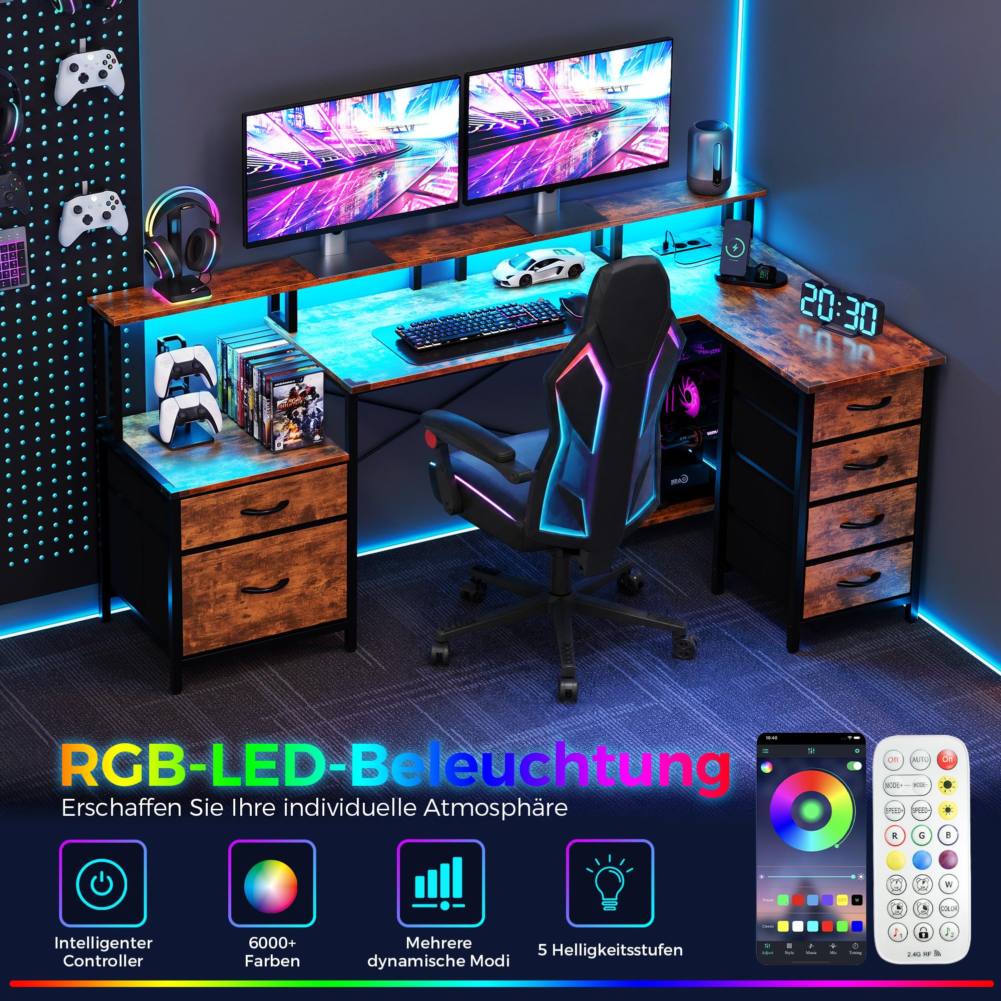 IRONCK Schreibtisch L Form Gaming Tisch mit LED & Steckdosen 2AC+1USB+1C, 189x100cm Eckschreibtisch mit 6 Schubladen&Monitorständer, Reversible Computertisch mit Stauraum für Home Office Vintage-braun