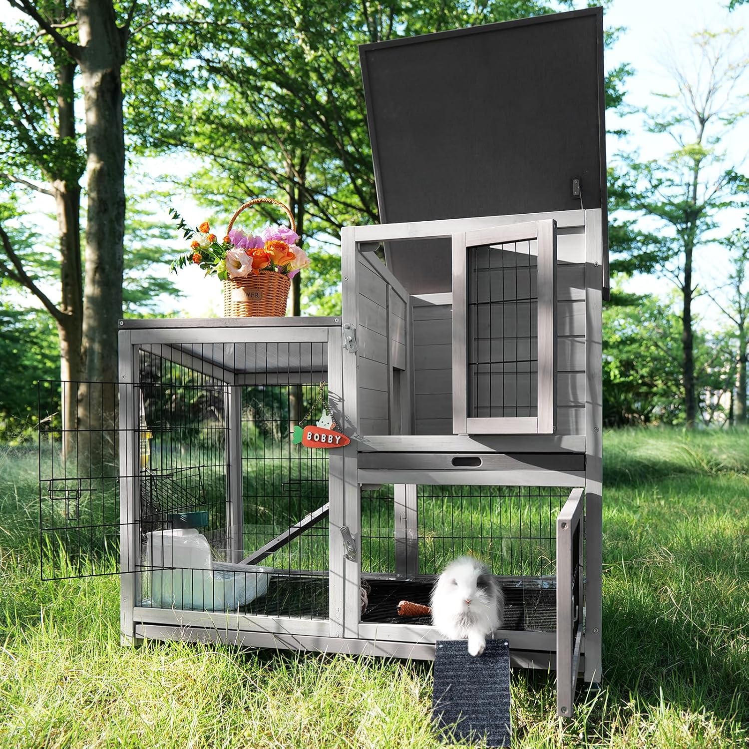 Rabbit Hutch Indoor Bunny Cage Outdoor House with Urine Guards and 2 Trays for Small Animals Guinea Pigs