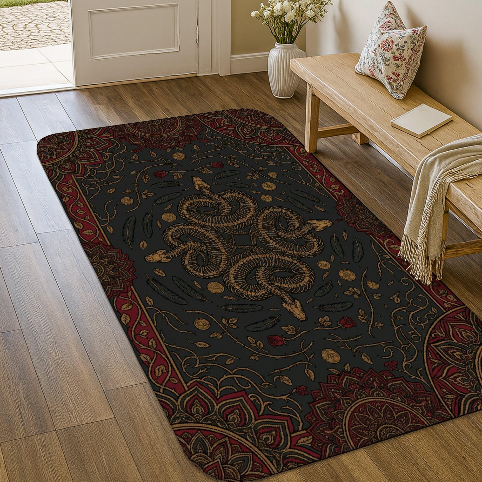 Tapis de porte antidérapant style bohème vintage et floral 90x150cm
