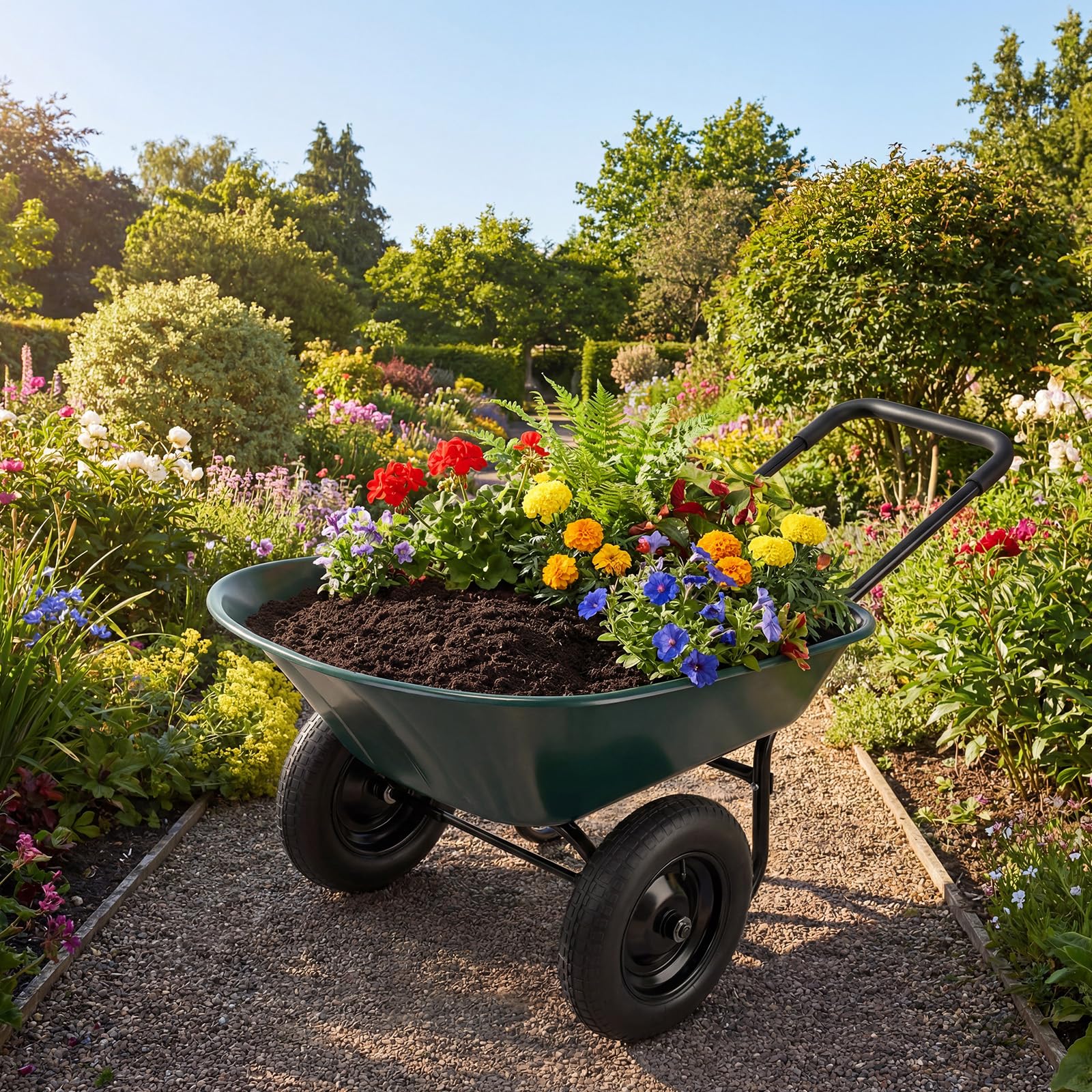 Safstar 2 Wheels Wheelbarrow, Heavy Duty Garden Cart w/Two 13-inch Pneumatic Tires, 330 lbs Capacity, Utility Cart for Outdoor Lawn Yard Farm Ranch (Green)-picture-21