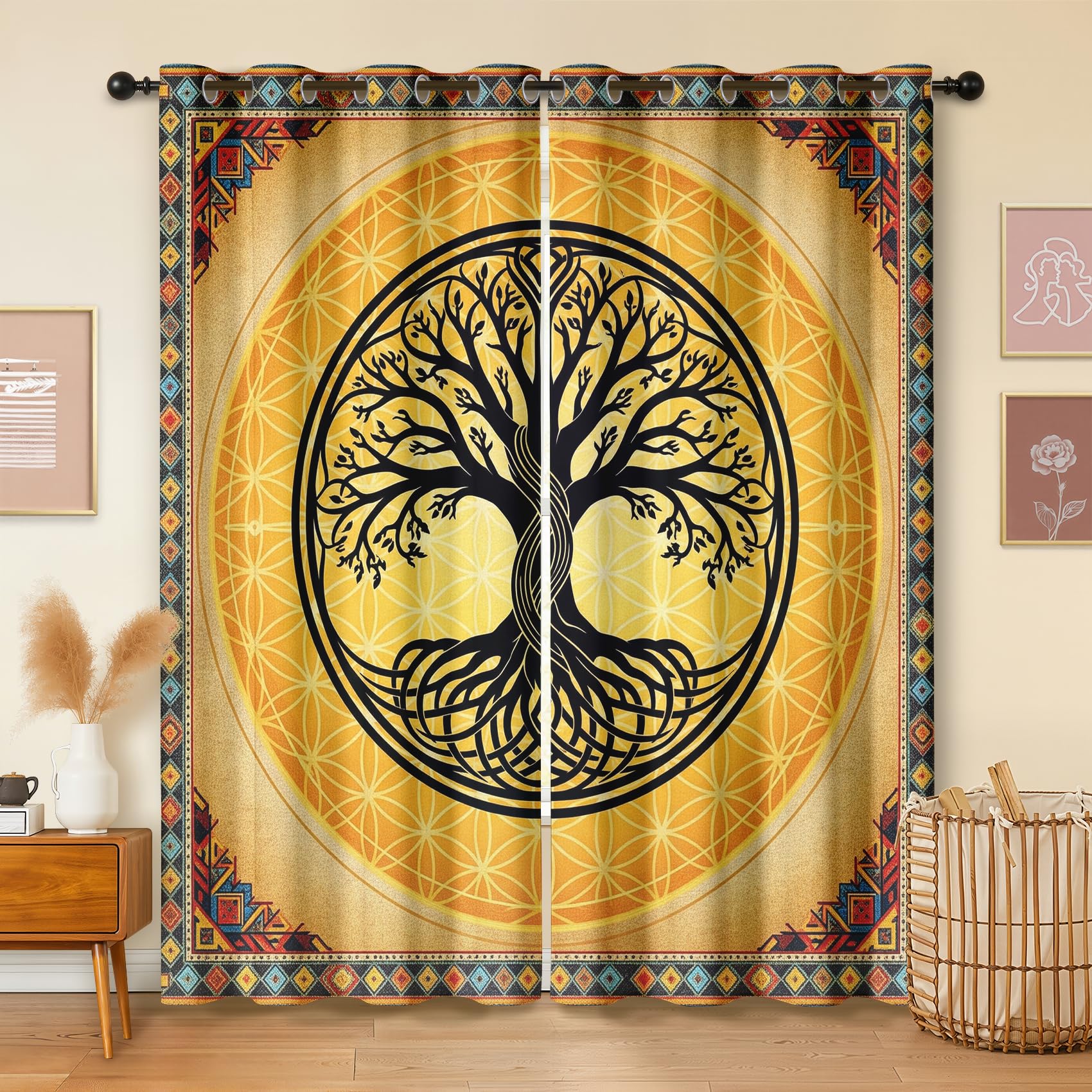 Lebensbaum Yggdrasil Gold Vorhänge Blickdicht Gardinen mit ösen Keltisch Blume des Lebens Vorhang 175 cm Lang Verdunklungsvorhänge für Schlafzimmer Wohnzimmer Fenster 2er Set