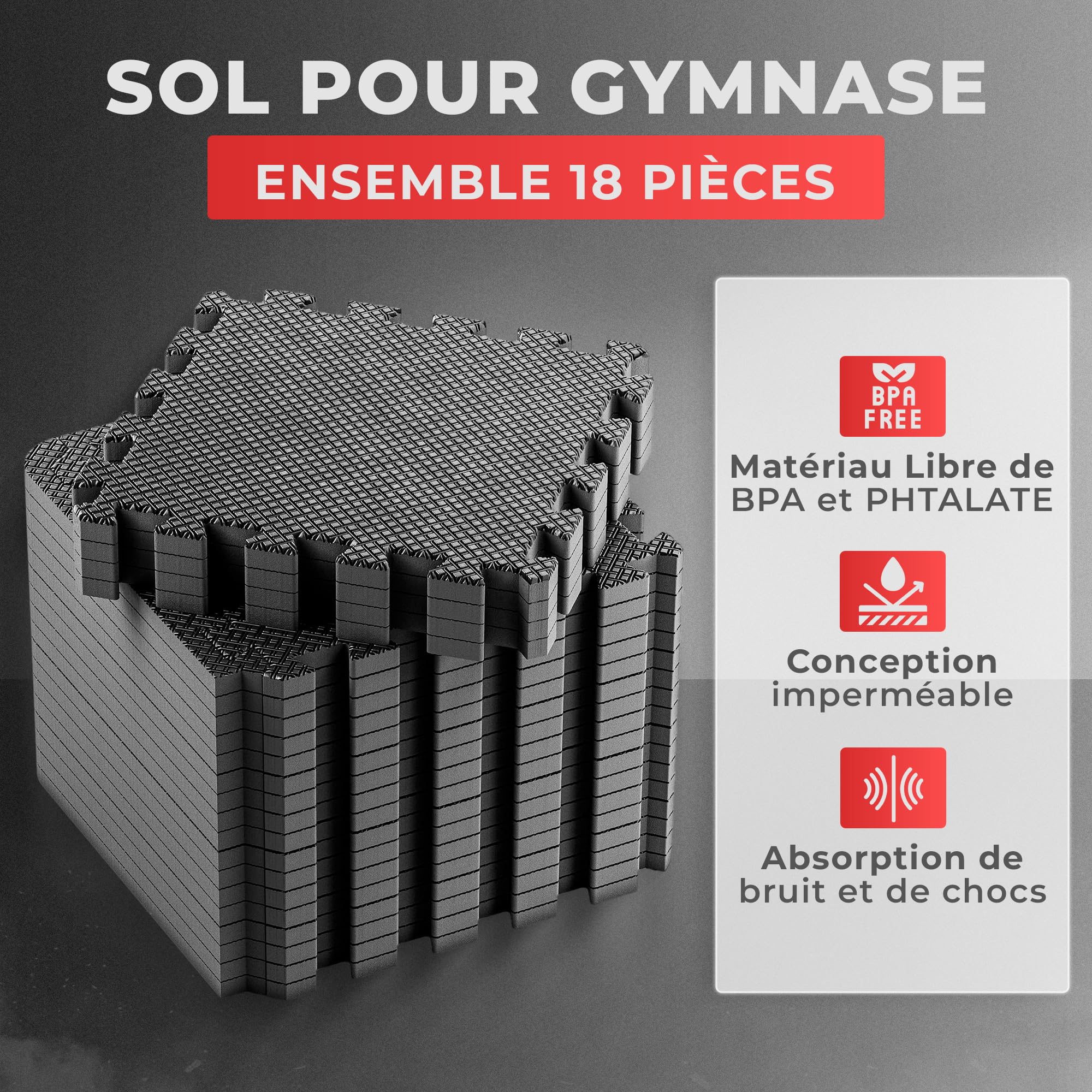 JUPPLIES Tapis de Sport Puzzle EVA – Dalle Mousse 30x30x1 Antidérapante et Insonorisante, Tapis Gym & Musculation pour Home Gym, Sol Salle de Sport, Dalles Imperméables avec Bordures