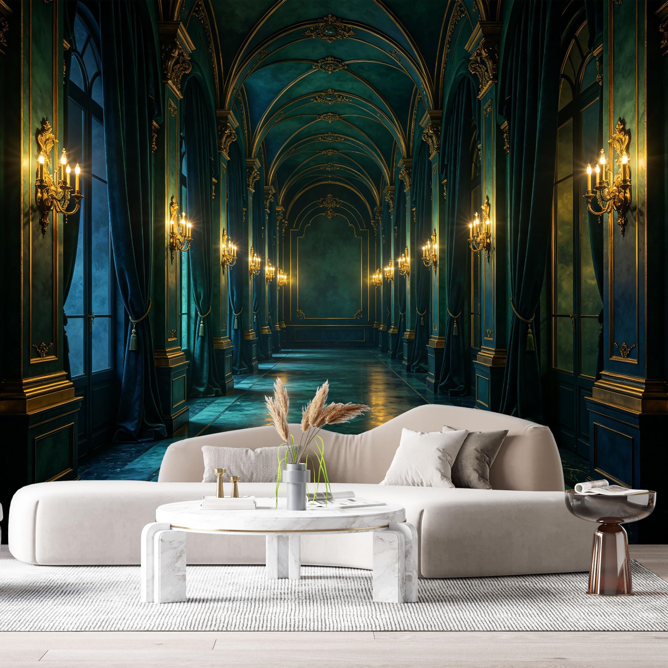 Custom Size Wall Murals Luxurious Hall Neoclassical Golden Chandelier Emerald Drapes Interior Perspective SelfAdhesive Wall Fabric Removable Large Wallpaper for Photo Living Room
