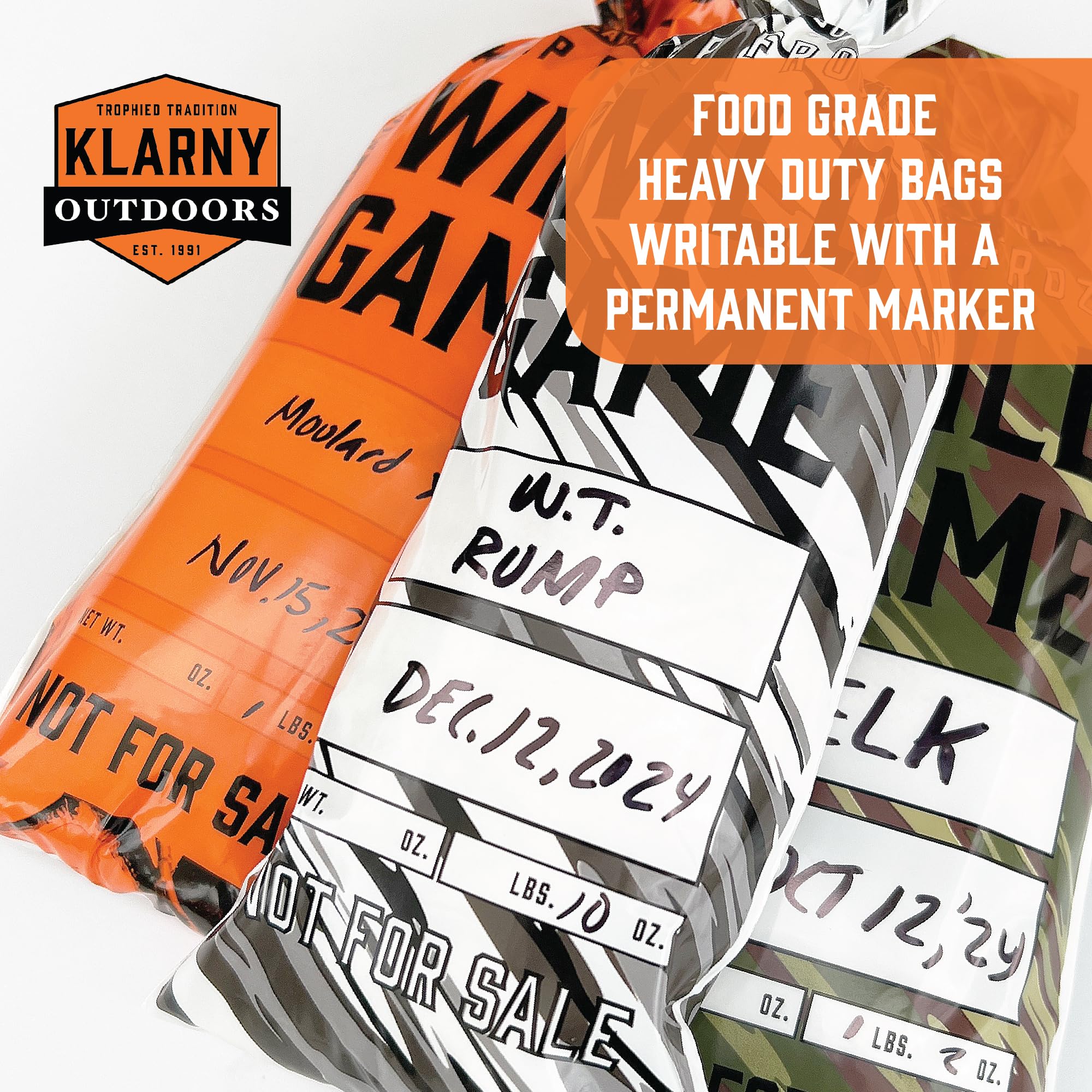 Wild Game - Bolsas de congelador para carne molida o venado, sistema de almacenamiento de embalaje de carne de caza de 1.5 libras con lazos giratorios para evitar quemaduras por congelador (50)
