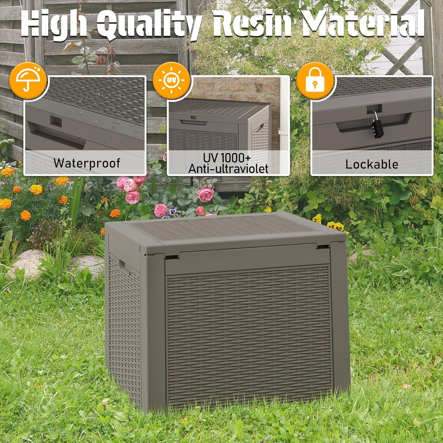 NUNU LAB 31 Gallon Outdoor Storage Box Waterproof, Outside Package Delivery Deck Boxes with Lockable Lid, Backyard Storage Bin For Garden Tools, Patio Cushions Accessories, Gray