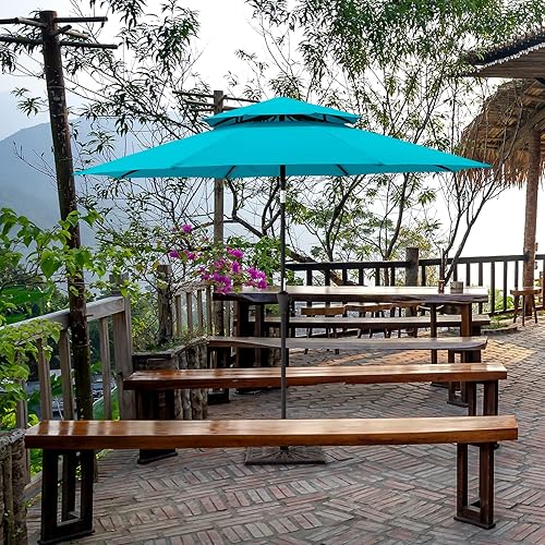 Miniatura 6 de C-Hopetree Paraguas de mercado de patio al aire libre doble de 9 pies con luces LED solares e inclinación