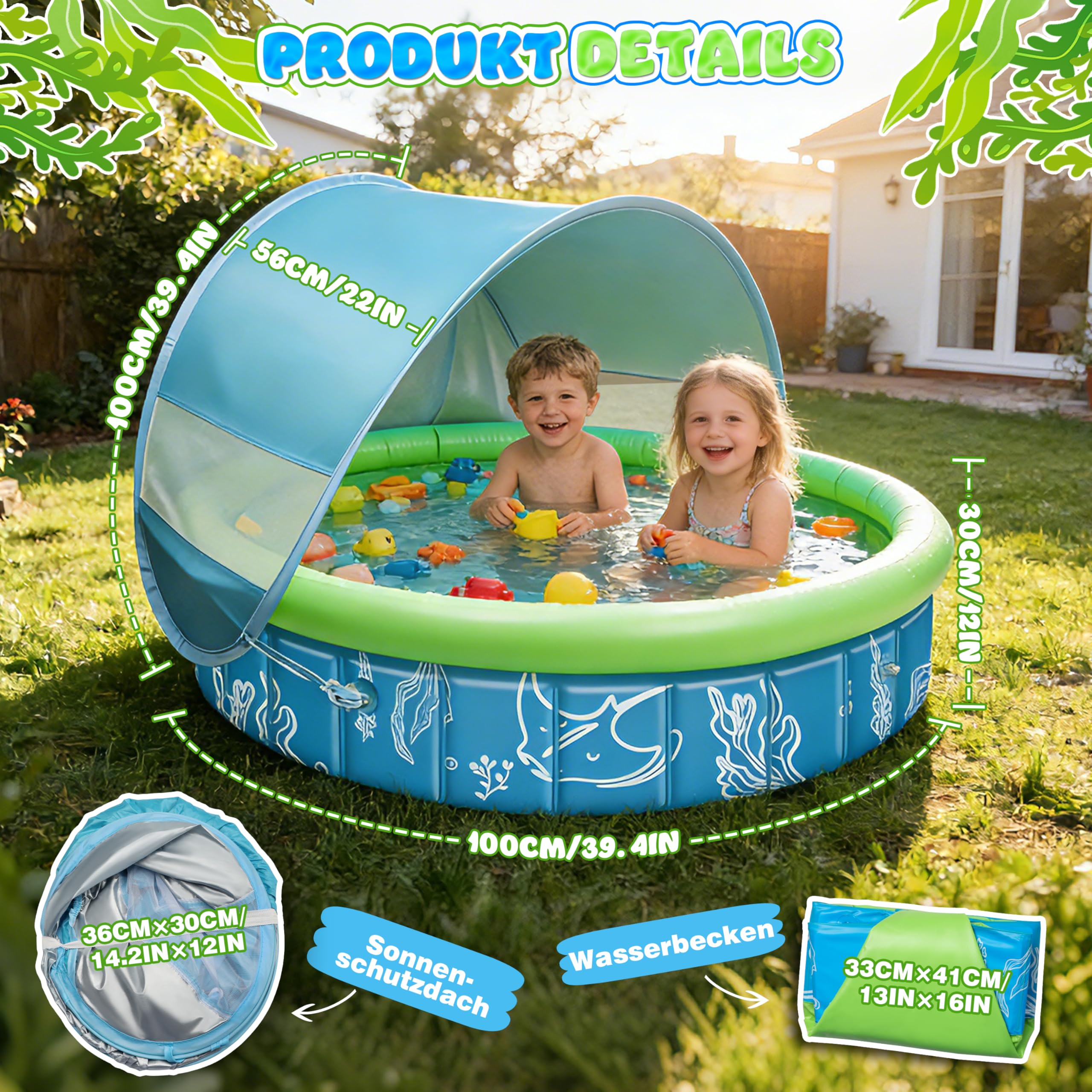 4-in-1 Pop Up Baby Planschbecken, Strandmuschel Baby mit Wasserstrahlen, Babypool Bällepool mit UV Schutz SPF 50+, Tragbare Spielzelt Bällebad Sonnenschutz für Garten Strand Picknick(100*30)