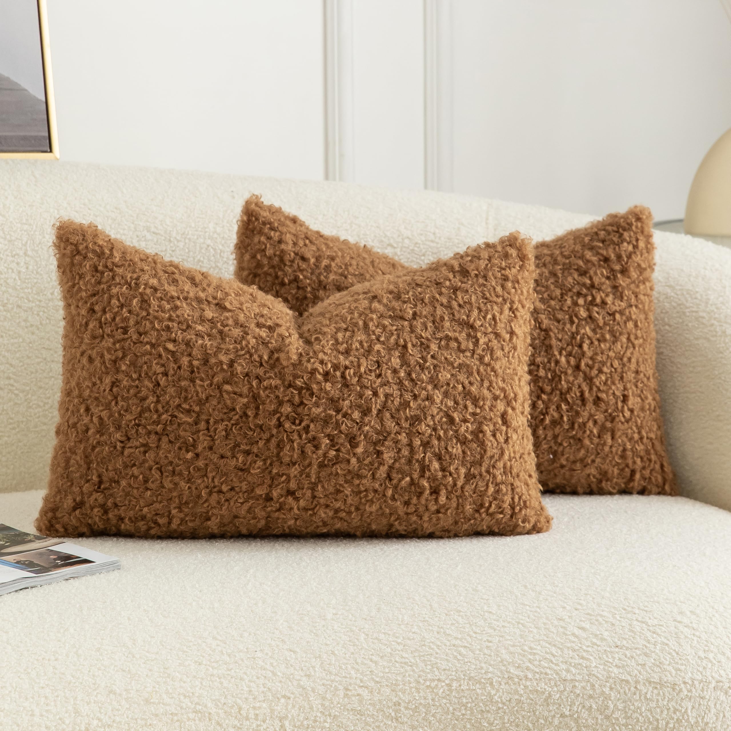 Joyouth Pack of 2 Curly Teddy Wool Faux Fur Cushion Cover Fuzzy Accent Soft Sherpa Pillowcases Sheepskin Fleece Decorative Cushion Case for Sofa Couch Living Room 12x20 Inch Bronze โ image 1