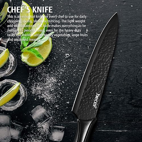 Miniatura 7 de Hecef - Juego de 6 cuchillos de cocina, color negro mate con soporte acrílico, hoja de acero inoxidable martillado y mango de polipropileno, apto