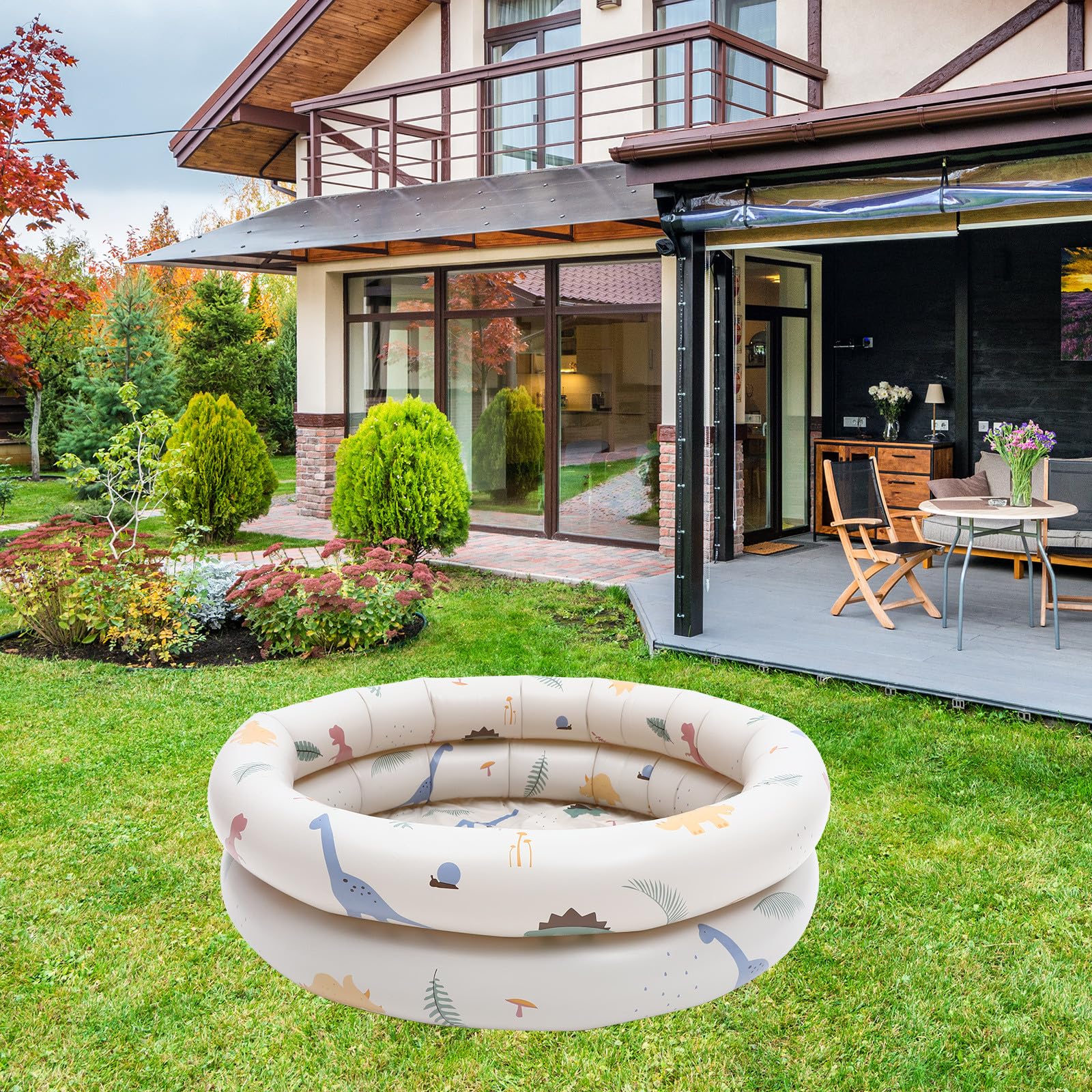 Veemoon Pataugeoire Gonflable pour Bébé en PVC Beige, Piscine Gonflable Épaisse Réutilisable pour Fête de Piscine Plein Air