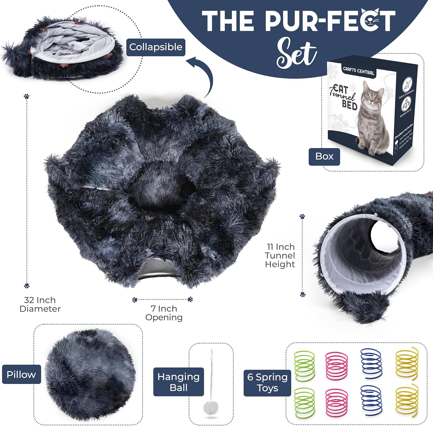 Cat Tunnel Bed with 8 Spring Toys - Plush Peekaboo Cat Cave for Indoor Pets - Versatile Cat Donut Tunnels for Indoor Cats- Foldable Kitten Bed Tunnel