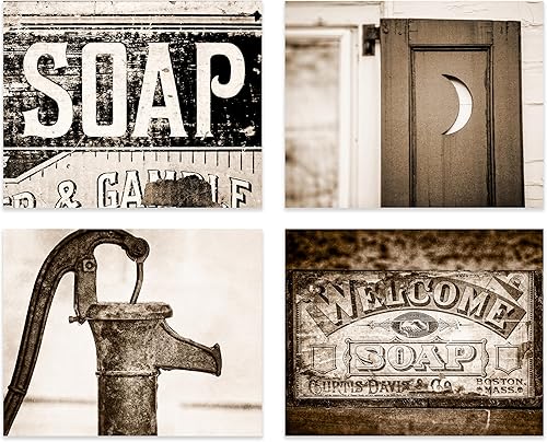 Lisa Russo Fine Art - Arte de pared de baño Sepia o decoración de lavandería, juego de 4 impresiones pequeñas de 5 x 7 pulgadas, sin marco, imágenes