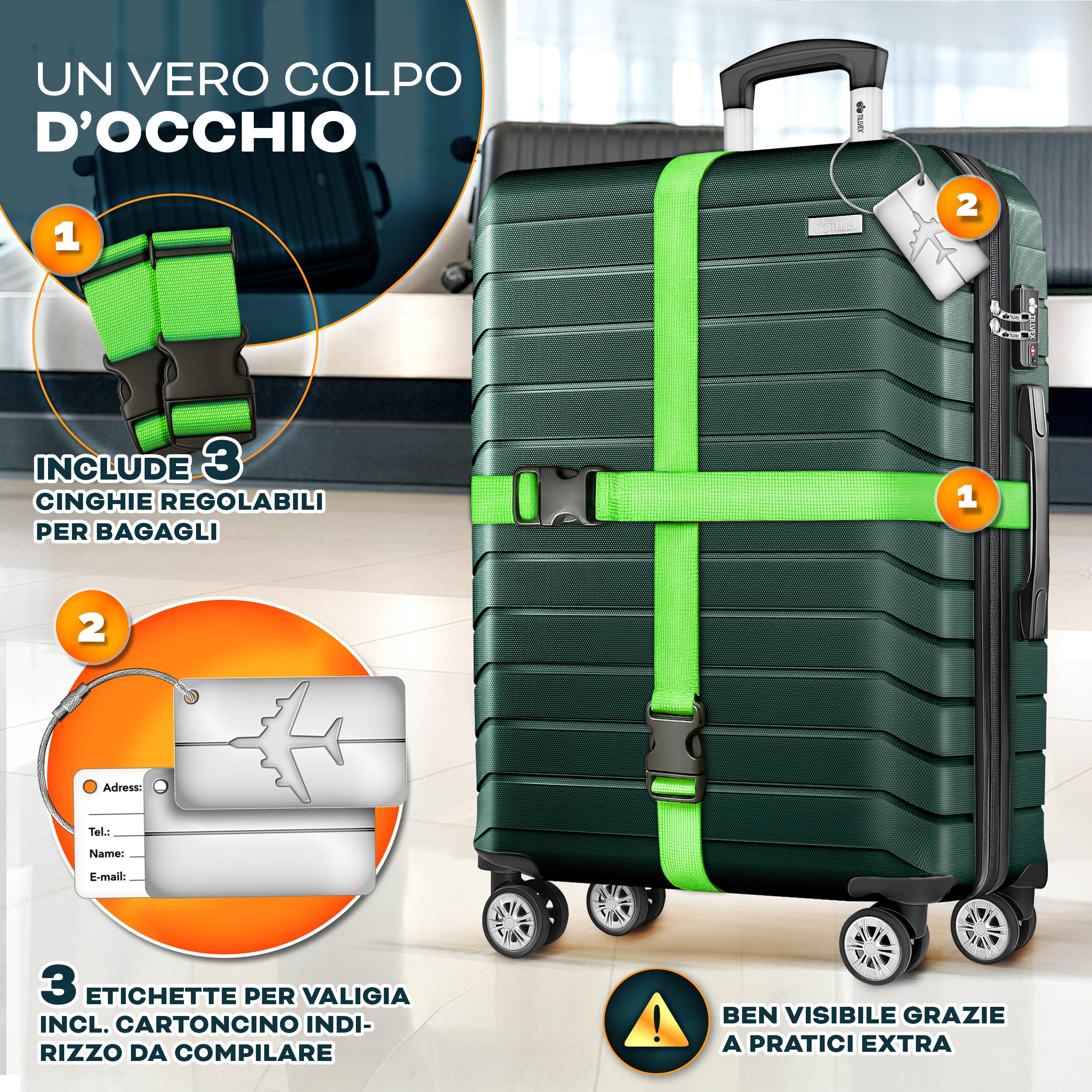 tillvex® Set di 3 valigie da viaggio + bilancia per bagagli, 3 cinghie per valigie e 3 etichette per bagagli, set da 4 ruote, trolley valigia TSA, serratura rigida M-L-XL, verde militare