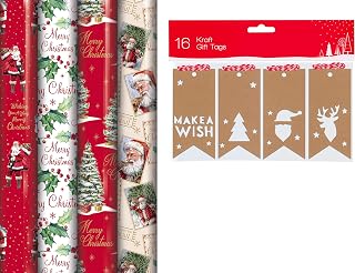 20M Traditional Tartan Christmas Gift Wrapping Paper Rolls 4 X 5M Rolls And 16 Gift Tags Festive Xmas Wrapping Paper Ideal For The Festive Season - 70cm x 5m