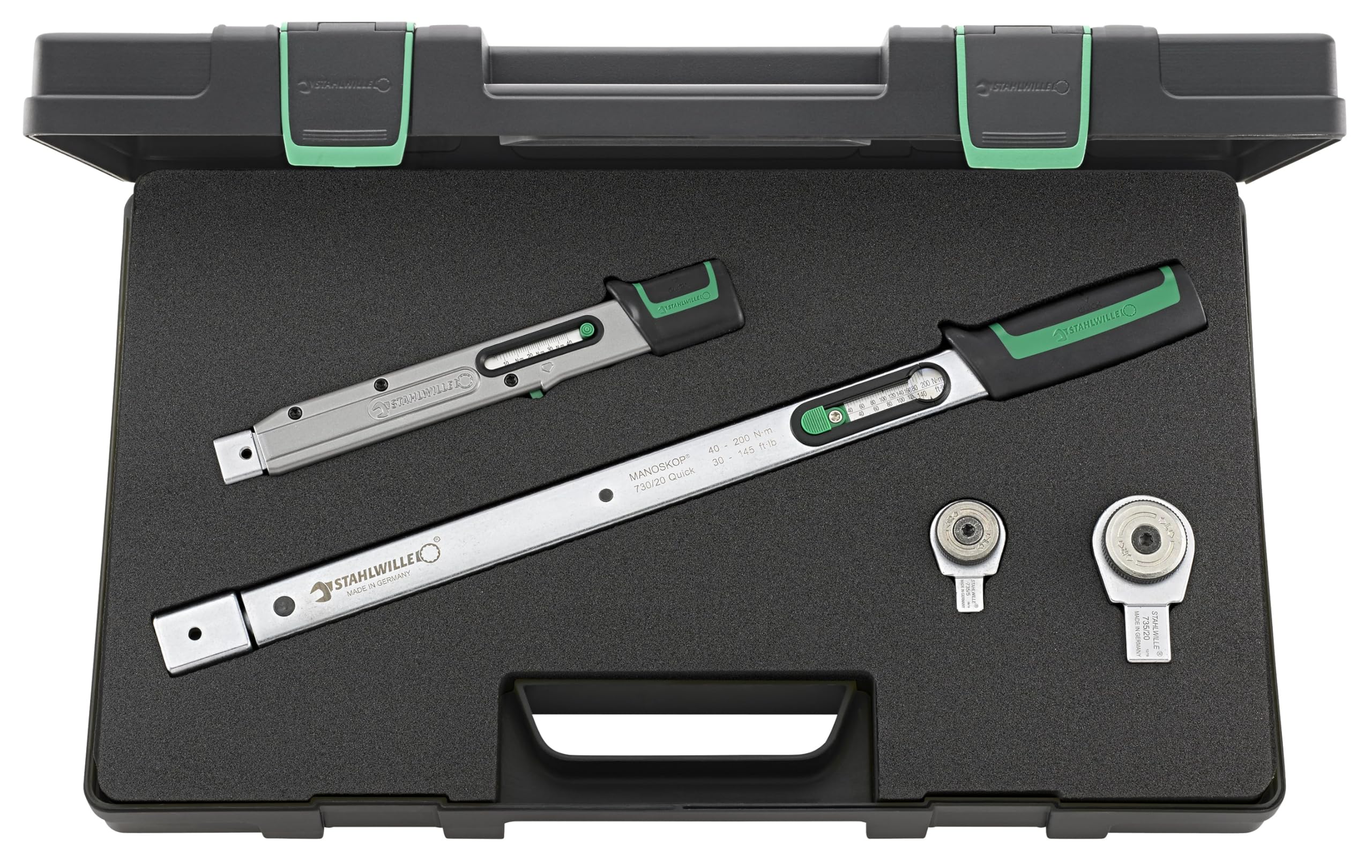 STAHLWILLE Zestaw kluczy dynamometrycznych 4-częściowy 8-200 N·m | z grzechotką 3/8" + 1/2" | w pudełku z tworzywa sztucznego | Made in Germany