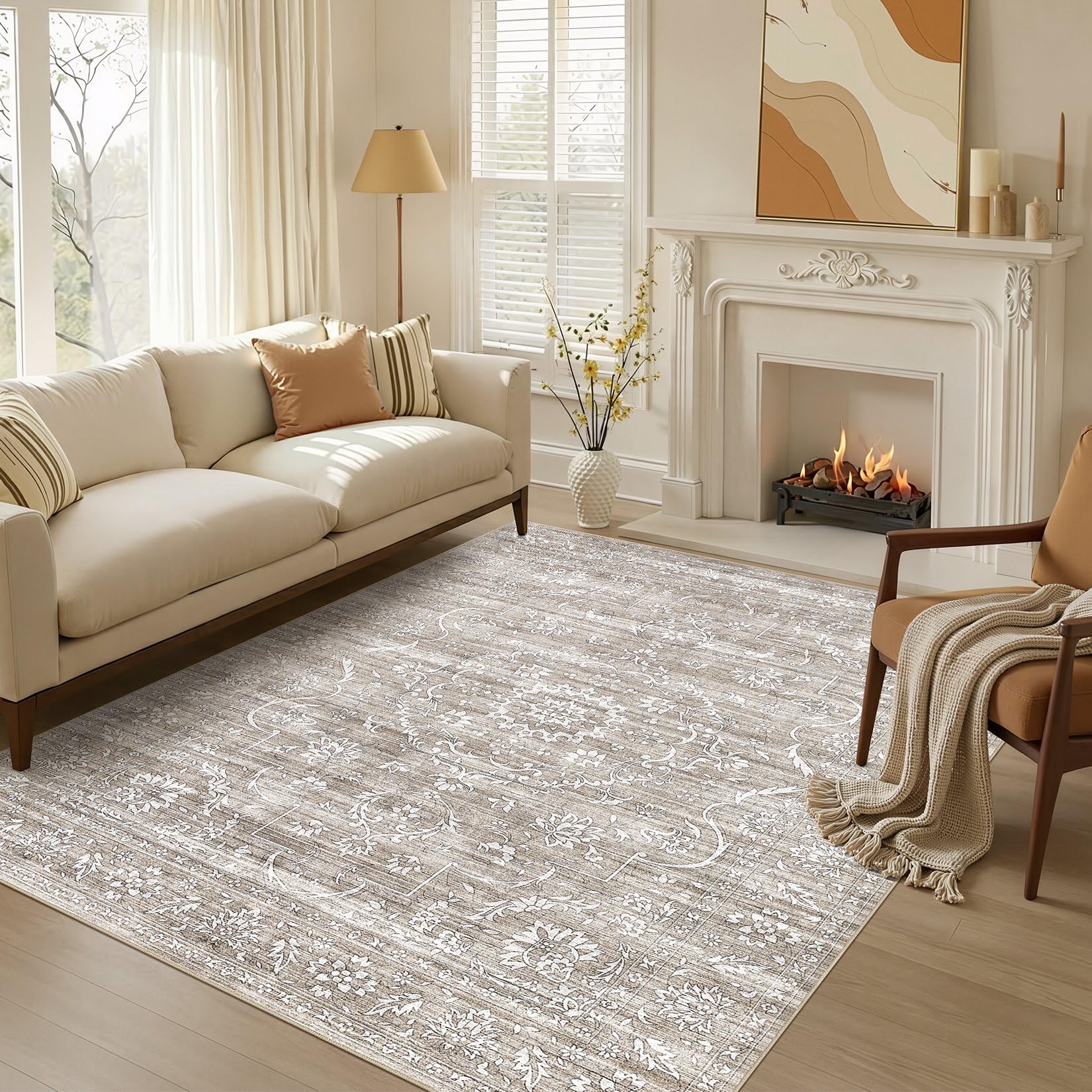 5x7 Area Rugs Living Room: Washable Large Vintage Beige Rug Neutral Non-Slip Soft Stain Resistant Indoor Carpet for Bedroom Nursery Dining Room Under Table Bed Home House Office Playroom — view 16