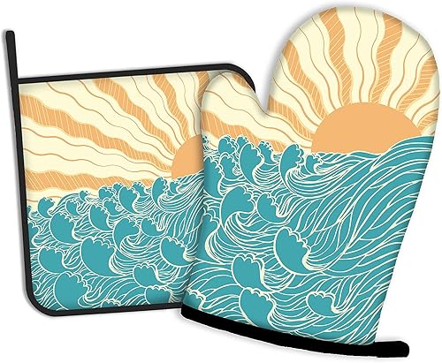 Olas de mar abstractas con guantes de horno y soportes para ollas de cocina, juego de 2 piezas, almohadilla resistente al calor para hornear,