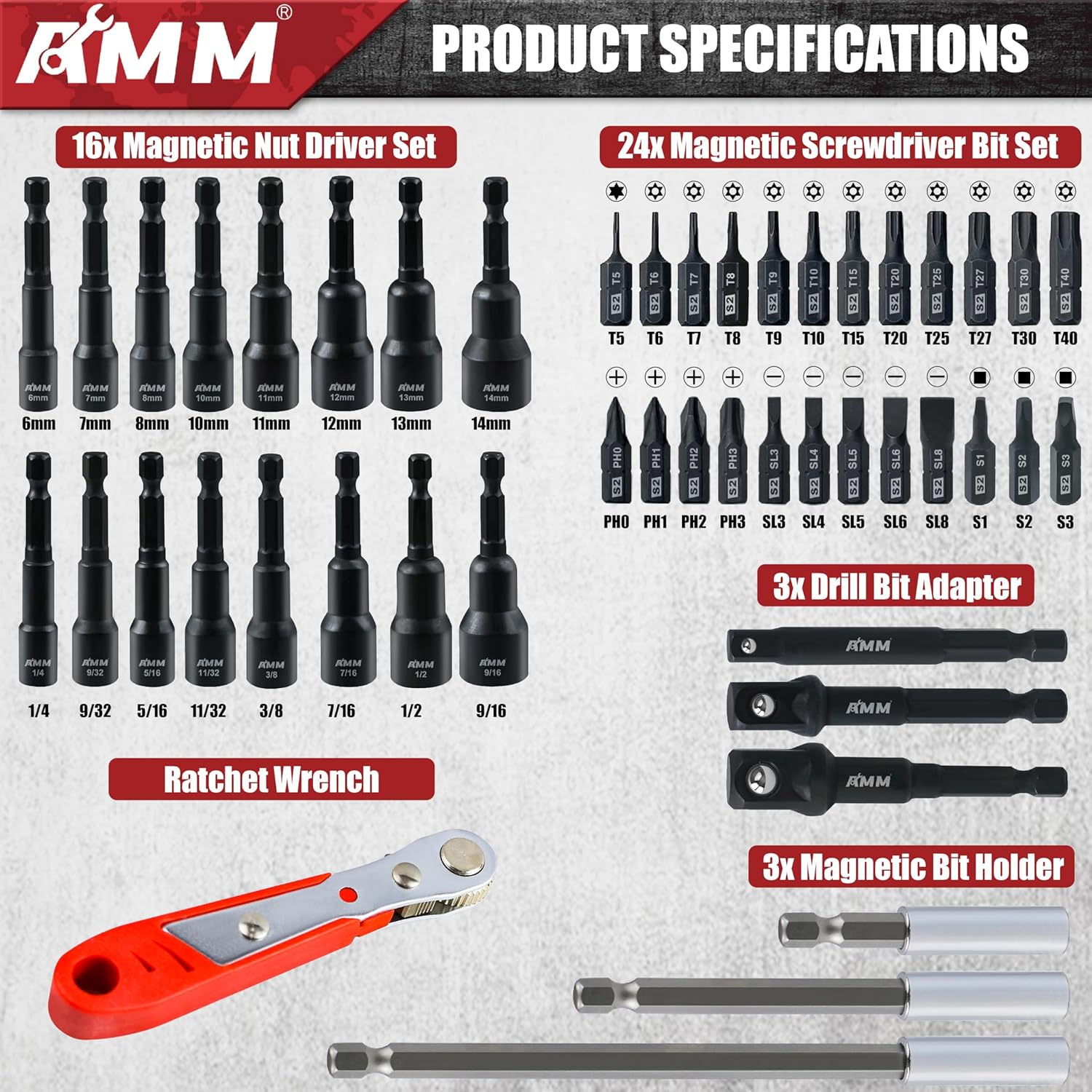 AMM 47PCS Magnetic Nut Driver & Screwdriver Bit Set, Includes Nut Driver Set for Impact Drill, Screwdriver Bit, Mini Ratcheting Wrench, Drill Bit Adapter & Bit Holder | 1/4" Hex Shank | Cr-V Steel