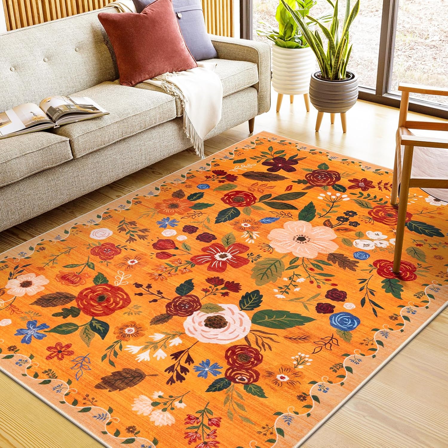U'Artlines 5x7ft Fall Floral Area Rug, Machine Washable Ultra Soft Low Pile Non Slip Non Shedding Accent Floor Carpet for Living Room, Bedroom, Dining Room, Office (Orange)