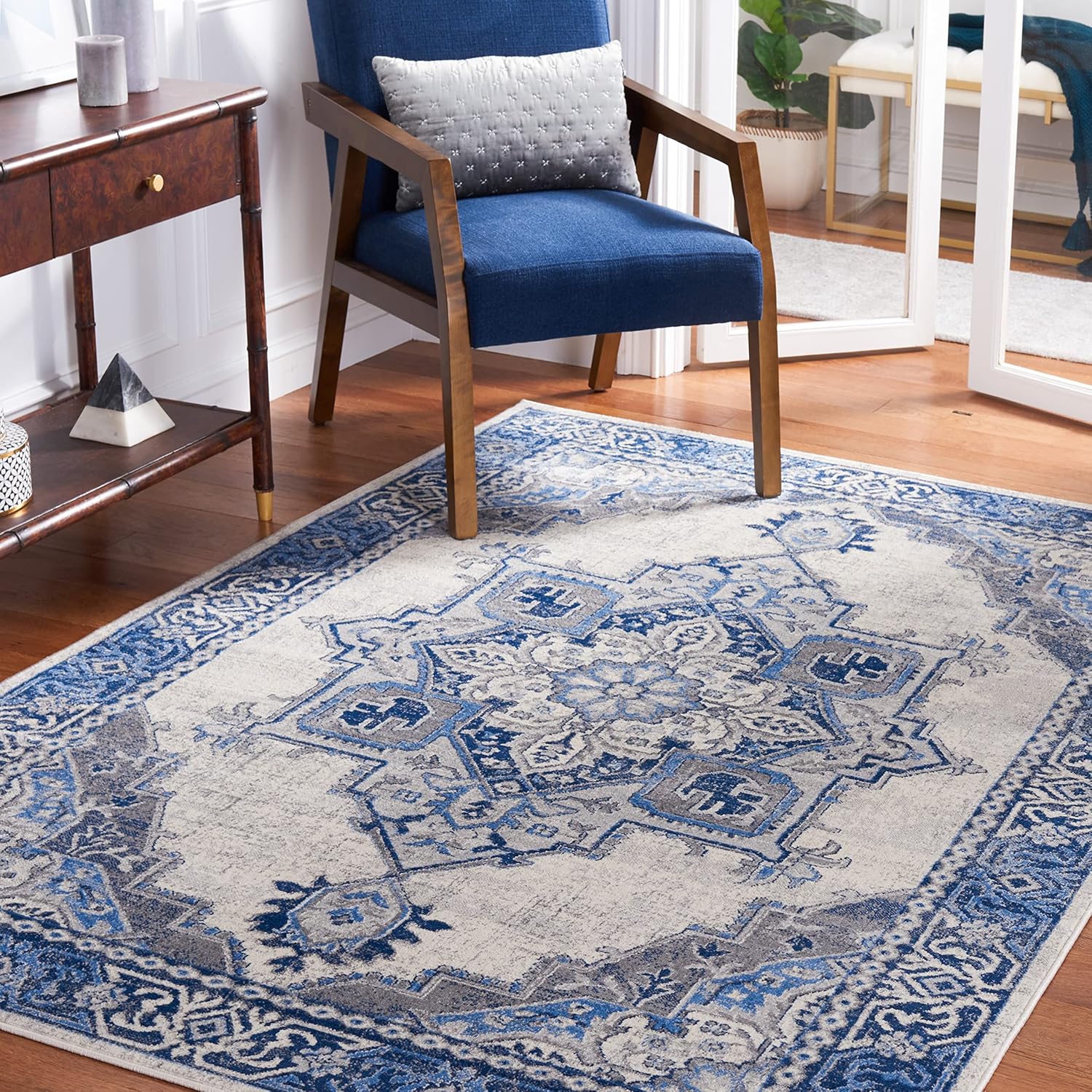 Safavieh Brentwood Collection Area Rug - 9' x 12', Blue & Light Grey, Oriental Medallion Design, Non-Shedding & Easy Care, Ideal for High Traffic Areas in Living Room, Bedroom (BNT861M)